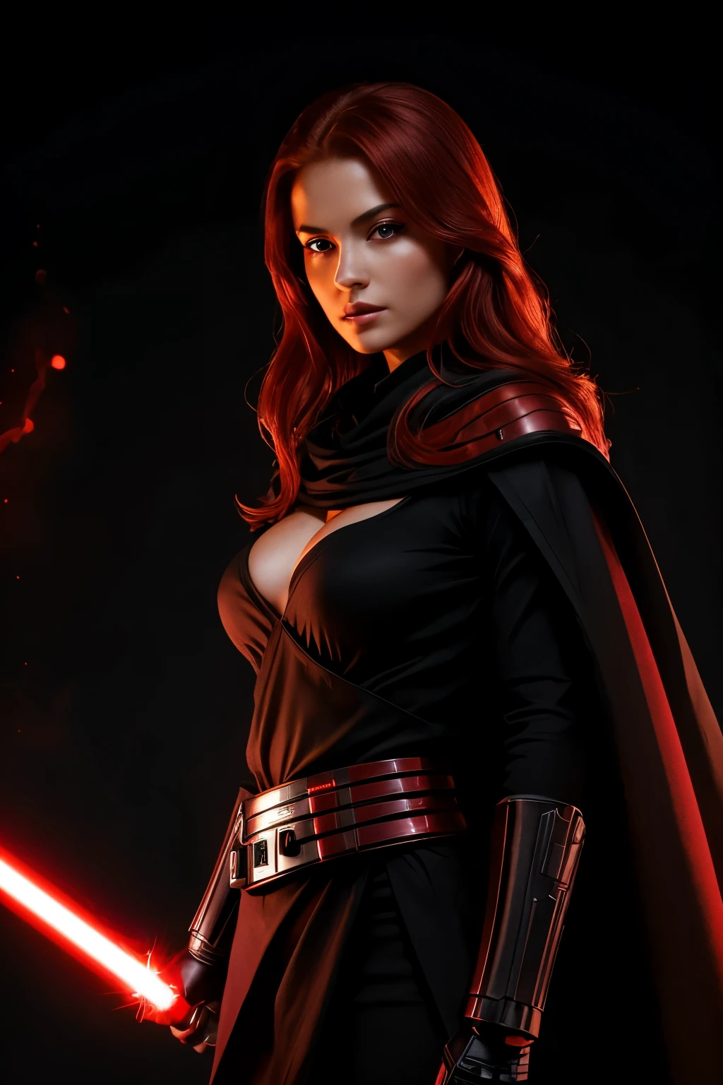 (best quality,highres,ultra-detailed,realistic:1.2),sith warrior,wielding two red lightsabers,red headed woman,perfect face,perfect body with firm breasts and subtly pronounced abs,beautiful detailed eyes,beautiful detailed lips,long eyelashes,dark hair,red hair flowing in the wind,sith cloak flowing in the wind,fierce expression,dramatic lighting,black background,confident stance,glowing red lightsaber blades,red glow reflecting on her face and cloak,subtle smoke effects surrounding the lightsabers,sharp focus,vivid colors,bokeh