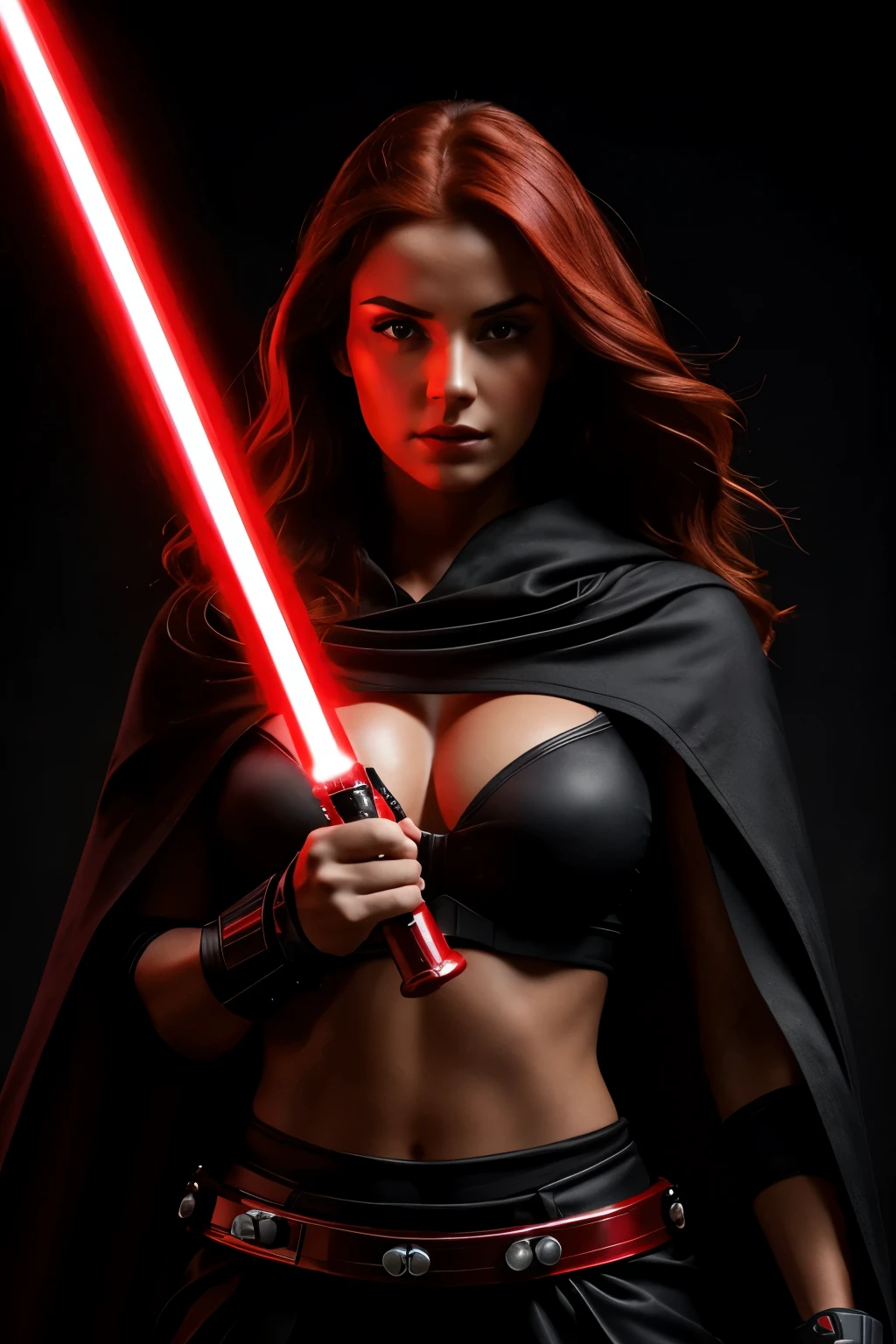(best quality,highres,ultra-detailed,realistic:1.2),sith warrior,wielding two red lightsabers,red headed woman,perfect face,perfect body with firm breasts and subtly pronounced abs,beautiful detailed eyes,beautiful detailed lips,long eyelashes,dark hair,red hair flowing in the wind,sith cloak flowing in the wind,fierce expression,dramatic lighting,black background,confident stance,glowing red lightsaber blades,red glow reflecting on her face and cloak,subtle smoke effects surrounding the lightsabers,sharp focus,vivid colors,bokeh