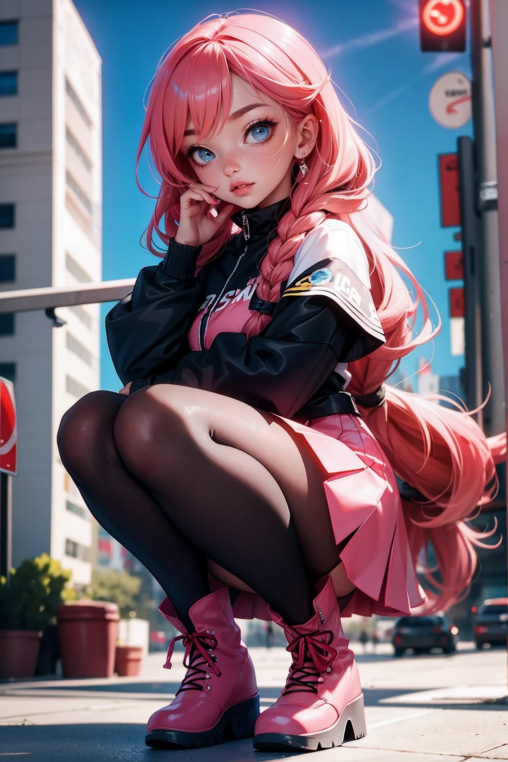 High resolution, best quality, masterpiece, very high image quality, Super detailed, surreal, 3d, Japanese cartoons, illustration, fantasy, hard rock girl, very beautiful and cute, pink wavy hair, side braid, mini skirt, knee socks, engineer boots, background cyberpunk city galaxy