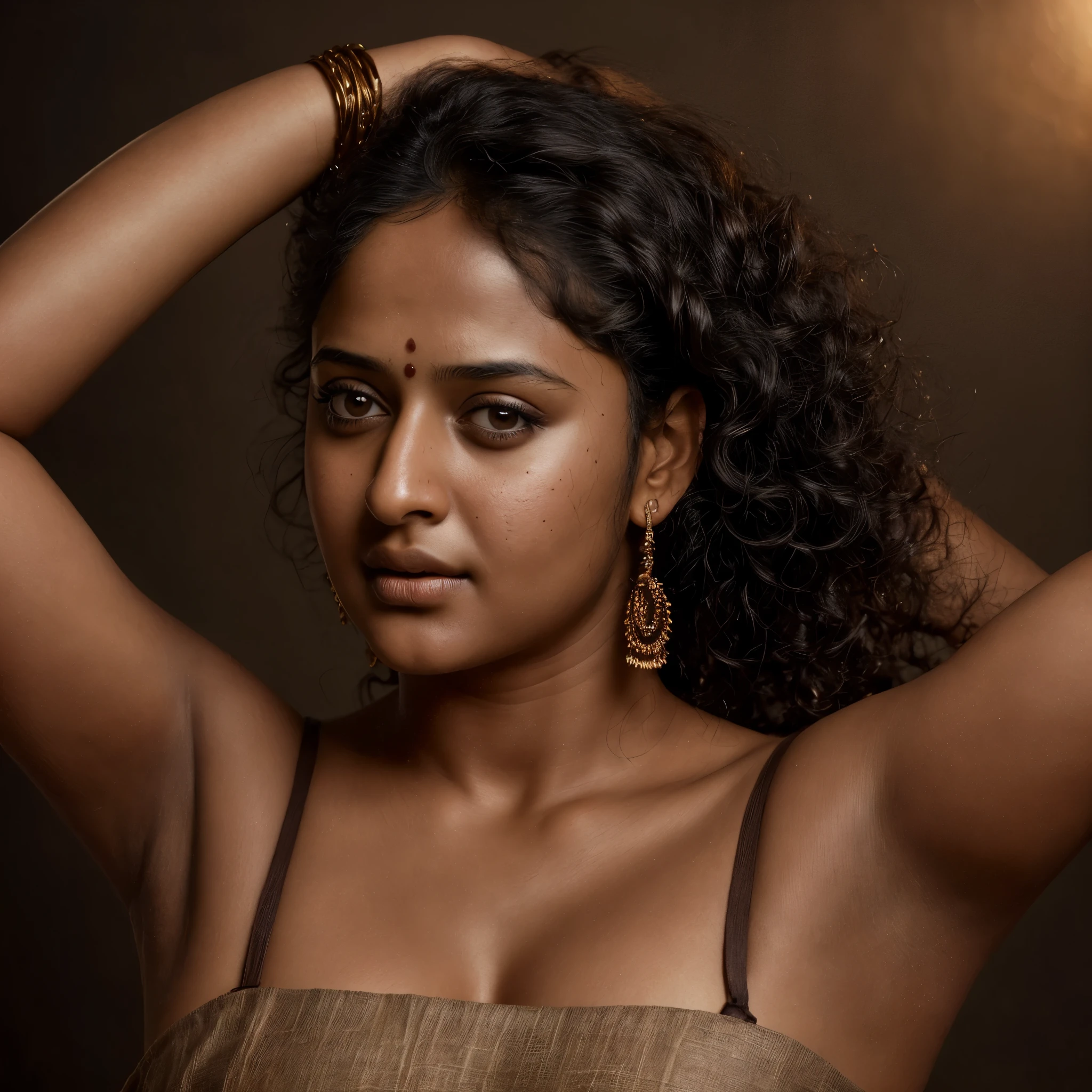 Looks like Anushka Shetty, a photo portrait of a beautiful girl with curls, styled black hair, (face portrait:1.5), dramatic light, Rembrandt lighting scheme, bust shot, linen cloth, top quality editorial photograph, skin texture, skin pores, chocolate skin, high quality skin, shining skin, oiled skin, sweat, top quality photography, professional photography, professional retouching, insane detailing, warm moody tones, 