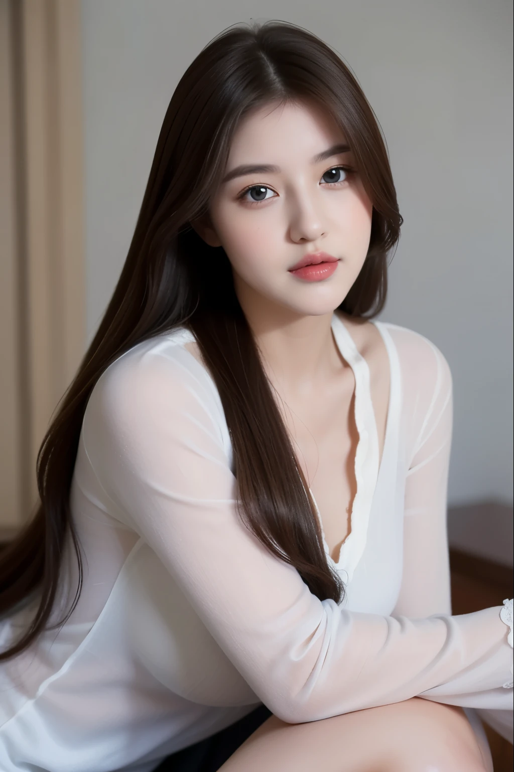Very detailed eyes, very detailed face, very beautiful woman, best quality, super detailed (photo-realistic), very delicate and beautiful legs, beautiful red eyes, absurdity, very detailed facial happy expression, professional illustration, shy, ff Mai Shiranui, super big breast, brown hair, long hair, full body, white torn shirt