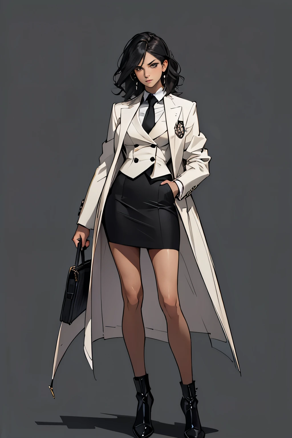 1 girl, wavy hair, black hair, short hair, teenager, snooty, top, elegant skirt, (((three-piece suit))), tie, blazer, suit jacket, vest, double-breasted vest, skirt tight, pencil skirt, elegant jacket and skirt, black clothing, light background, full body, teenager, tribal tattoo, white and red details, sketchbook, hand drawn hand, symbols, dark, bold, realistic sketch, sketch, mix of dark lines and loose lines, bold lines, on paper, turn on character sheet, human woman, gray eyes, full body, elegant imposing pose, lots of details, elegant suit, symbols, runes, dark theme, shirt black, beautiful, pretty, modest