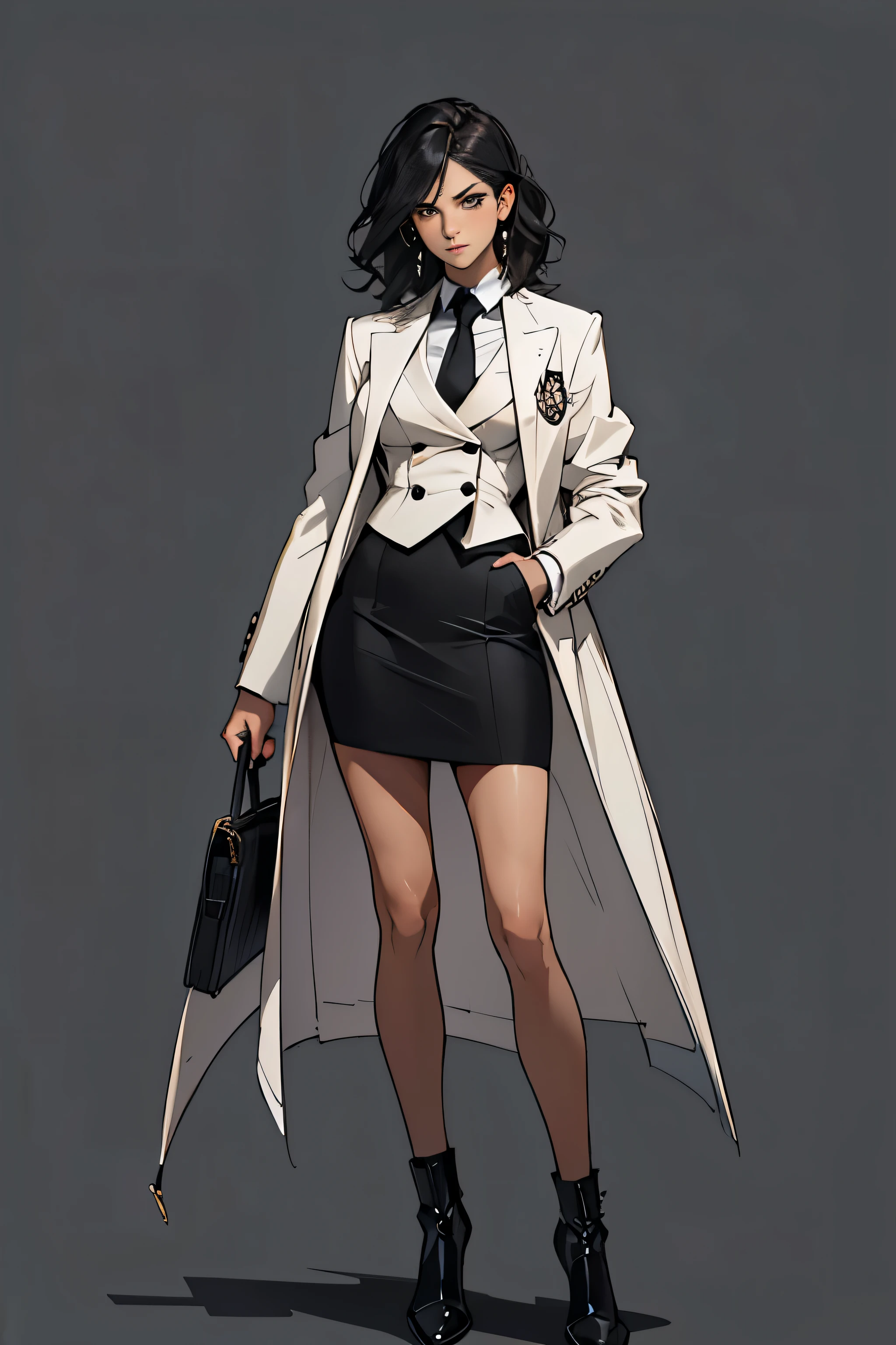 1 girl, wavy hair, black hair, short hair, teenager, snooty, top, elegant skirt, (((three-piece suit))), tie, blazer, suit jacket, vest, double-breasted vest, skirt tight, pencil skirt, elegant jacket and skirt, black clothing, light background, full body, teenager, tribal tattoo, white and red details, sketchbook, hand drawn hand, symbols, dark, bold, realistic sketch, sketch, mix of dark lines and loose lines, bold lines, on paper, turn on character sheet, human woman, gray eyes, full body, elegant imposing pose, lots of details, elegant suit, symbols, runes, dark theme, shirt black, beautiful, pretty, modest