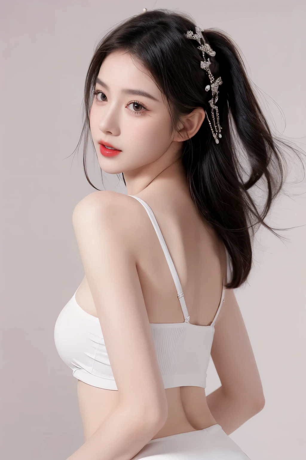 lifelike,high resolution：1.3）， A slim girl， The face shape and eyes are super delicate,black hair,red glossy lips,(beautiful face), (best quality), (Super detailed), (Extremely detailed CG unified 8K wallpaper),((very sexy outfit)),(White background),sexy look,big eyes,(standing),(Slim waistline),perky breasts,soft breasts,very realistic breasts,sexy pose,(big breasts),Character centered,perfect breast shape,small breasts,jewelry,decorate