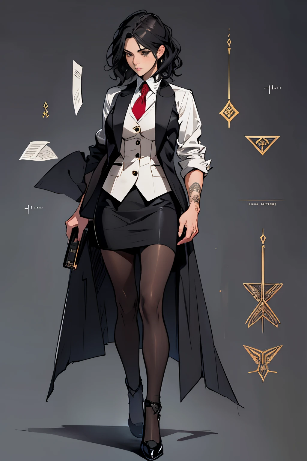 1 girl, wavy hair, black hair, short hair, ager, snooty, top, elegant skirt, (((three-piece suit))), tie, blazer, suit jacket, vest, double-breasted vest, skirt tight, pencil skirt, elegant jacket and skirt, black clothing, light background, full body, teen, tribal tattoo, white and red details, sketchbook, hand drawn hand, symbols, dark, bold, realistic sketch, sketch, mix of dark lines and loose lines, bold lines, on paper, turn on character sheet, human woman, gray eyes, full body, elegant imposing pose, lots of details, elegant suit, symbols, runes, dark theme, shirt black, beautiful, pretty, modest