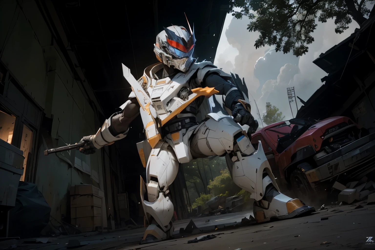 (Best quality, 8k, 32k, Masterpiece, UHD:1.2), (Best quality, 8k, 32k, Masterpiece, UHD:1.2), "Generate an image featuring a Power Ranger surrounded by wreckage or ruins of Zord robots from the Power Rangers series.
Ensure that the Power Ranger is depicted in their iconic costume, complete with helmet, suit, and accessories representing their Ranger color. Emphasize the Ranger's determined expression as they stand amidst the wreckage, ready to face whatever challenges come their way.
The wreckage of the Zord robots should be depicted in detail, conveying the sense of destruction and battle damage. Include broken parts, twisted metal, and scattered debris to emphasize the scale of the conflict.
Set the scene against a dramatic backdrop that enhances the atmosphere of the image. Consider adding elements such as smoke, fire, or sparks to convey the chaos of the battle and the aftermath of the destruction.
Capture the resilience and bravery of the Power Ranger as they stand firm in the face of adversity, ready to protect the world from any threat."
Set the scene against a dynamic backdrop that enhances the sense of action and adventure. Consider including elements such as dramatic lighting, atmospheric effects, and a sense of scale to convey the epic nature of the Power Rangers' battles.
Capture the energy and excitement of the moment, conveying the power and teamwork of the Power Rangers as they pilot their Zords into battle against formidable foes."