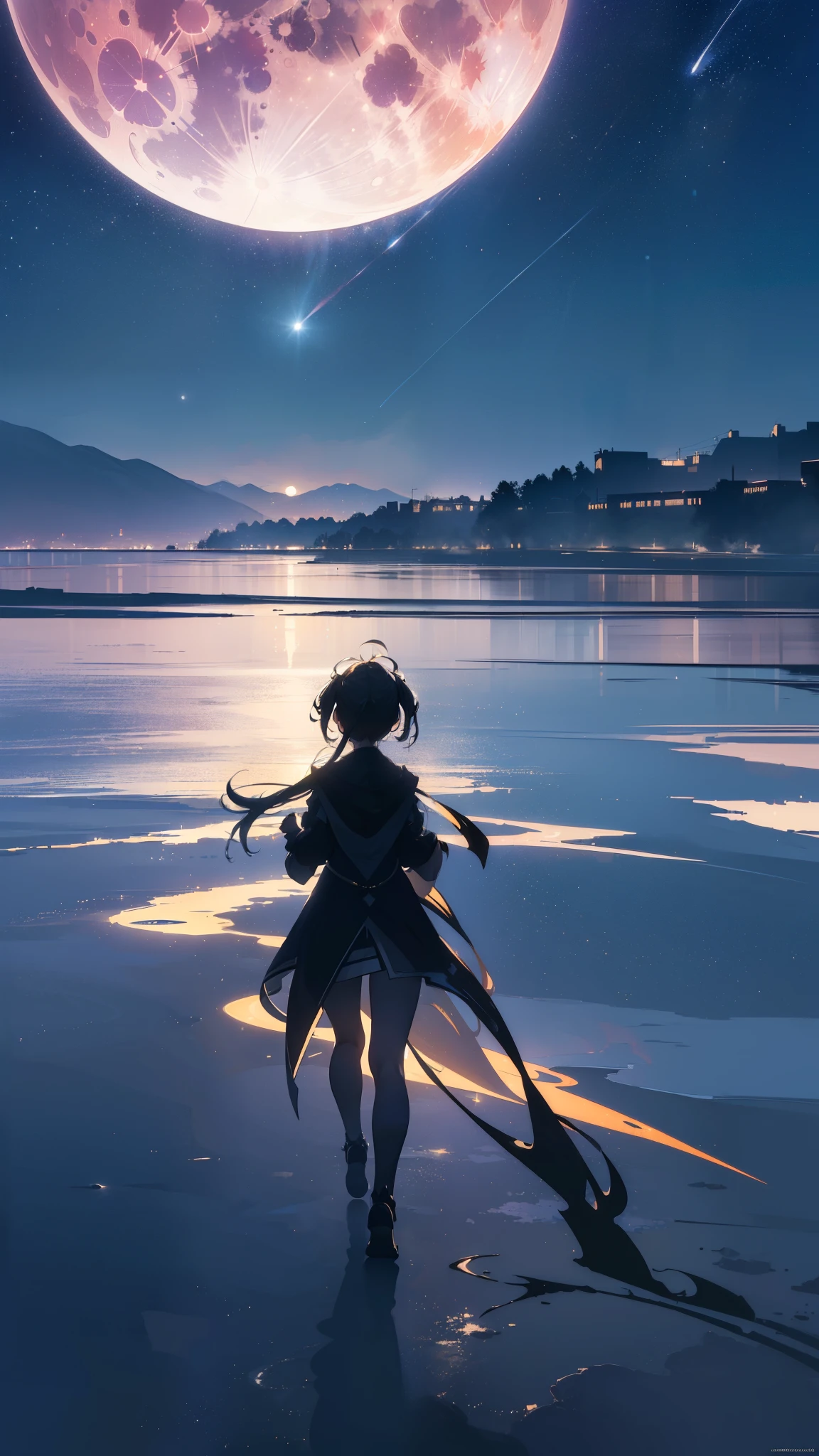 ((32k)), ((best quality)), ((ultra high res)), ((HDR)), ((UHD)), ((extremely detailed CG)), ((unity 32k wallpaper)), ((best quality starry sky)), ((best quality full moon)), (((best quality back))), ((best quality town)), ((((silhouette)))), (((silhouette human))), (((running))),