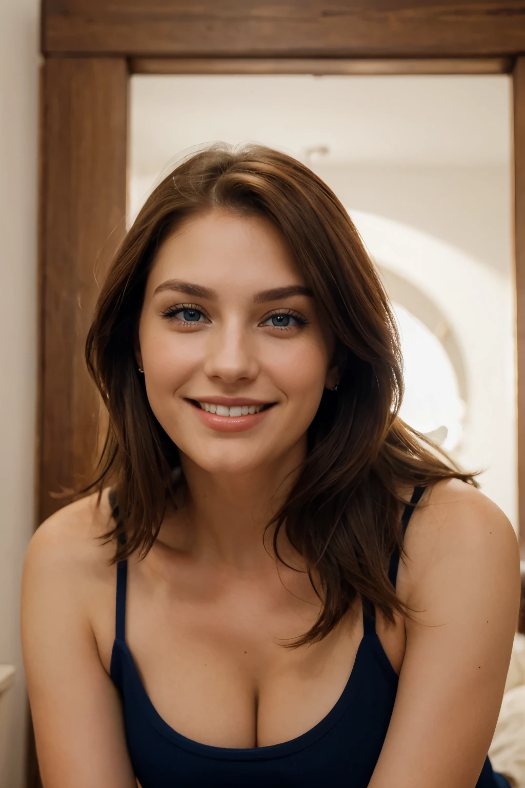 Woman sizes 99- 68-110 bright oval face with a sharp angular jaw deep blue eyes brown hair 29 years old smiling