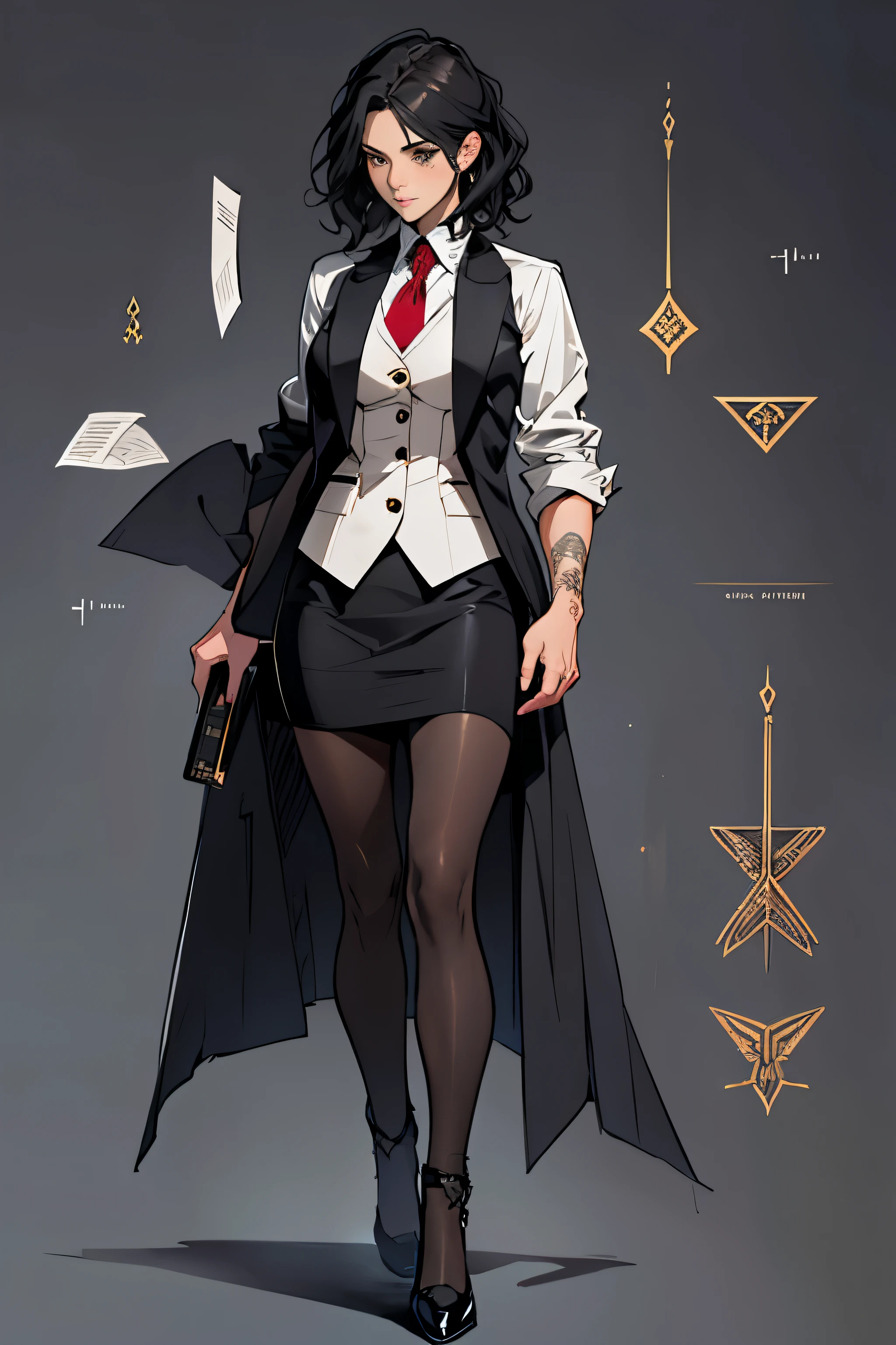 1 girl, wavy hair, black hair, short hair, teenager, snooty, top, elegant skirt, (((three-piece suit))), tie, blazer, suit jacket, vest, double-breasted vest, skirt tight, pencil skirt, elegant jacket and skirt, black clothing, light background, full body, teenager, tribal tattoo, white and red details, sketchbook, hand drawn hand, symbols, dark, bold, realistic sketch, sketch, mix of dark lines and loose lines, bold lines, on paper, turn on character sheet, human woman, gray eyes, full body, elegant imposing pose, lots of details, elegant suit, symbols, runes, dark theme, shirt black, beautiful, pretty, modest