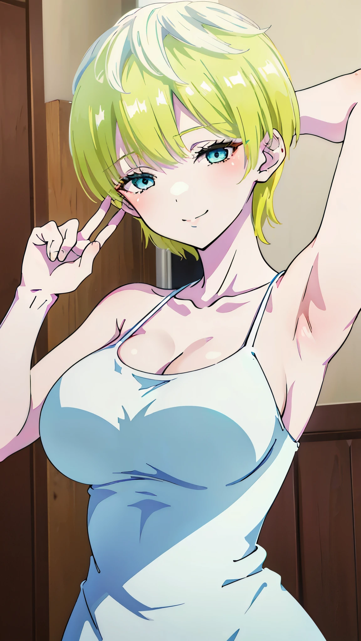 masterpiece, highres, solo, 8k, detailed, perfect face, best quality, (ultra high quality), looking viewers, armpit, hands up, collarbone, bare arm, big breast, cleavage, sideboob, yellow hair, light hair, short hair, blue eyes, white dress, slim body, smile, blush, upper body 