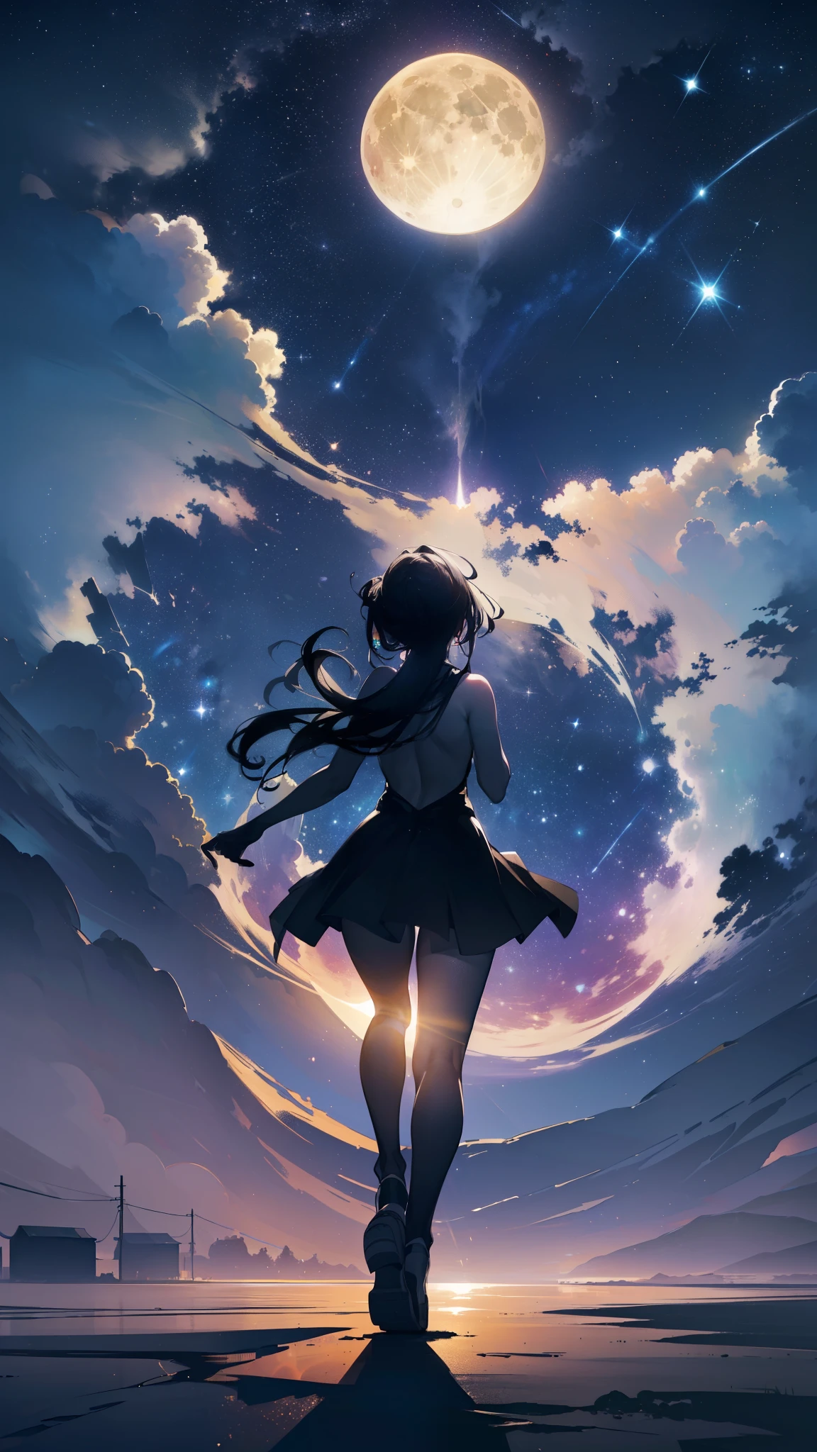 ((32k)), ((best quality)), ((ultra high res)), ((HDR)), ((UHD)), ((extremely detailed CG)), ((unity 32k wallpaper)), ((best quality starry sky)), ((best quality full moon)), (((best quality back))), ((best quality town)), ((((silhouette)))), (((silhouette human))), (((running))),