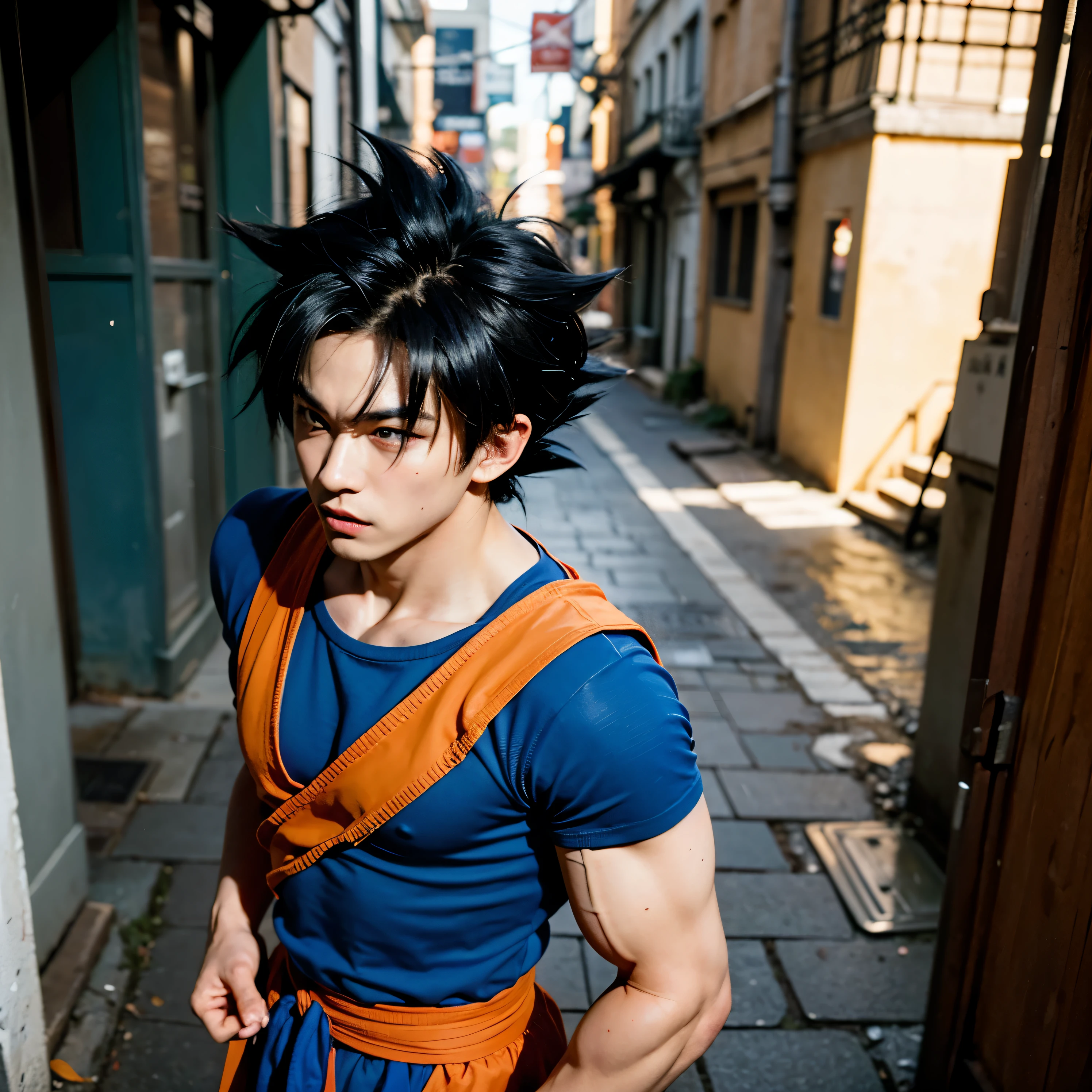 dragon ball Goku in an alley with a blue shirt and blue pants, human Goku, son Goku, portrait of Goku, Goku from dragon ball, photorealistic human Goku, Goku as an asian man, Goku from dragon ball z, anime style 4k, Goku, anime badass 8 k, Goku from dragonball z, highly detailed portrait of Goku, Goku portrait