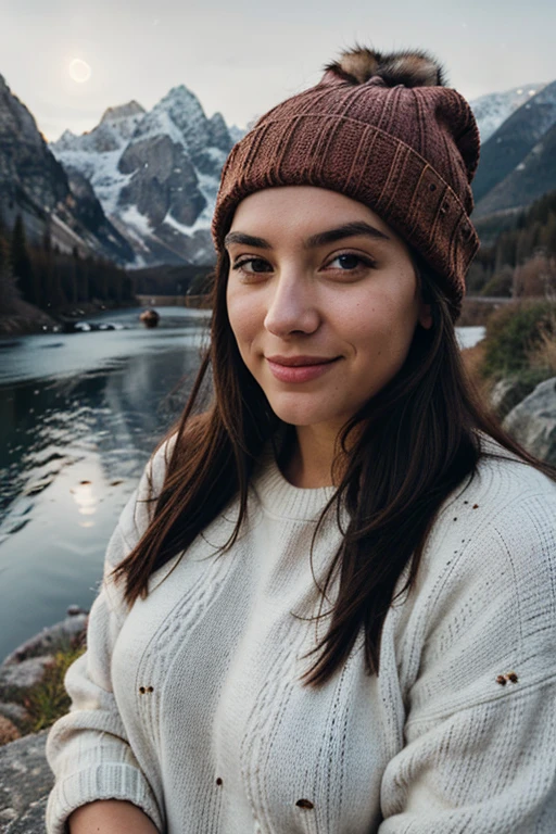 photo realistic, best quality, hyper detailed, gorgeous woman, selfie photo, upper body, only, sweater wearing, al fresco, (night), mountains, nature in real life, stars, moon, (cheerful, happy), sleeping bag, gloves, sweater, beanie, torch, forest, rock, river, wood, smoke, tooth, clear sky, analog style, view of the viewer, skin texture, film grain, close up, ultra-high resolution, best shadow, RAW, instagram LUT