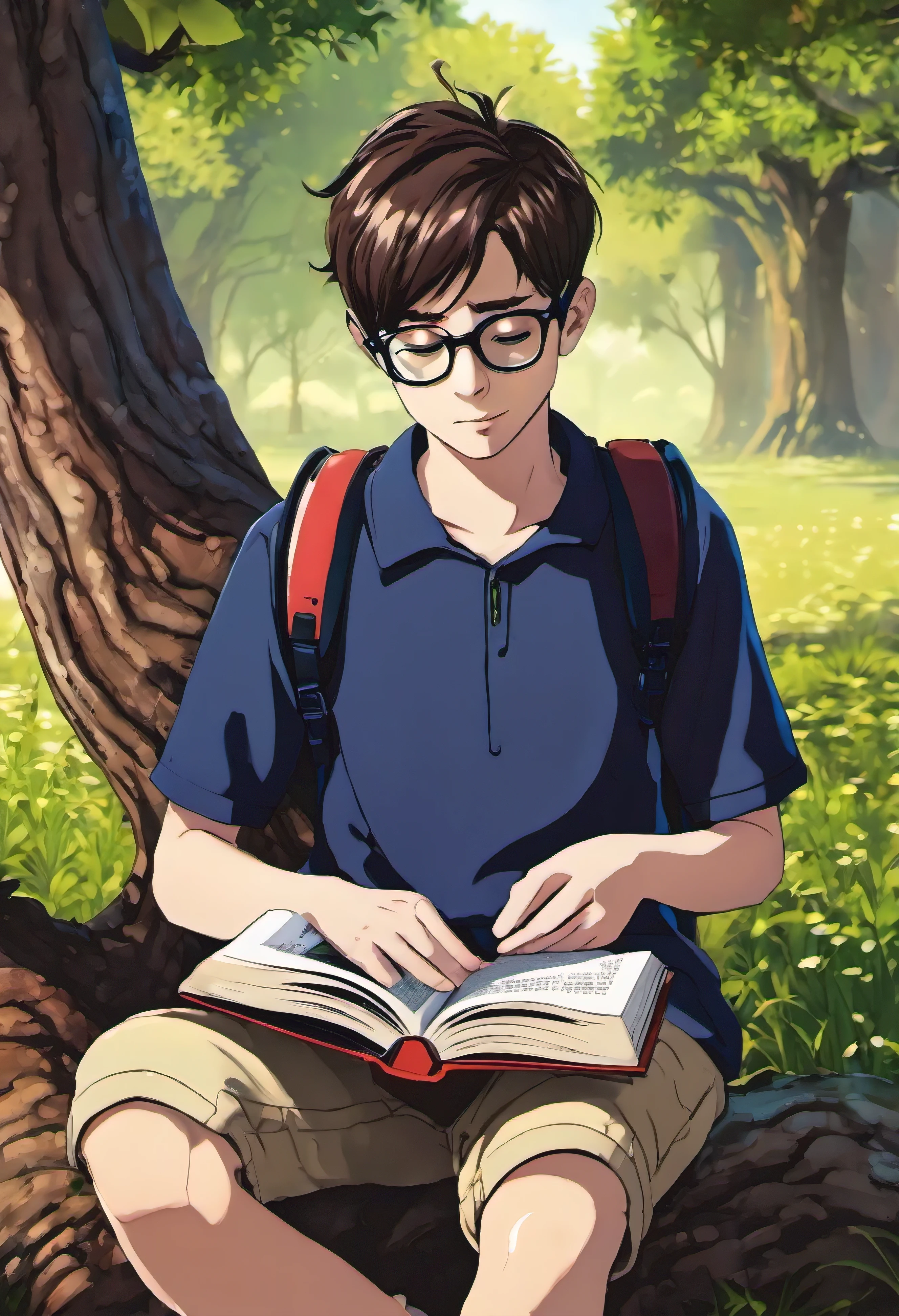A boy with headphones and glasses sitting by a tree reading a book in anime style in HD
