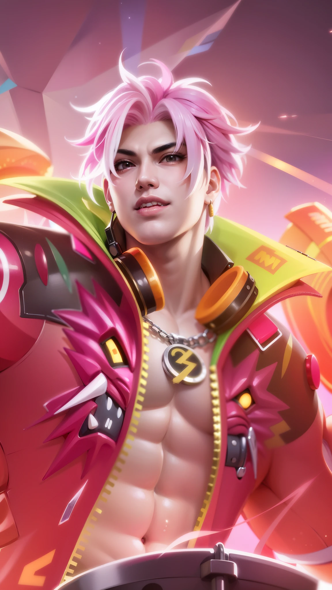 a close up of a man with a pink hair and a red jacket, rossdraws cartoon vibrant, rossdraws 2. 0, rossdraws 1. 0, g liulian art style, dio brando, rossdraws and jazza, trigger anime artstyle, :: rossdraws, sakimichan frank franzzeta, inspired by Huang Shen, rossdraws digital painting, square stomach