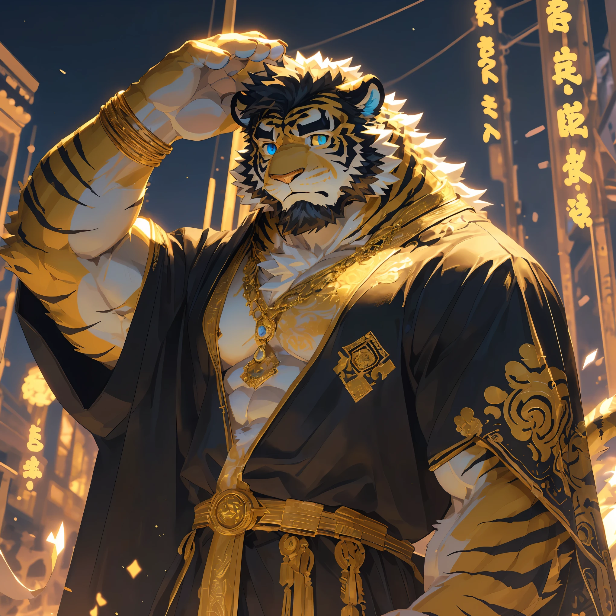 (scarred body:1.5),(Wearing a black robe embroidered with gold patterns:1.5),king,16k high quality detailed art,(Wearing royal accessories:1.3),(Golden Tiger:1.1), (((white and gold fur:1.5))),(Dark cool two-tone),(a pair of eyes of different colors, One eye has a golden pupil,The other eye has a blue pupil:1.7),Both eyes are the same size:1.4),(muscular body:1.3),Handsome,(OK),(perfect face),(exhausted:1.1),(golden and white skin:1.3),(full body description:1.3),Publaz, (Golden Tiger:1.1), (((golden and white fur:1.3))),Handsome, (OK),Express,(city lights background),(Eyes full of surprise and confusion:1.3),(Golden Tiger tail),不同的Express,(perfect masterpiece),(32k),(abdominal muscles:1.3),(((middle aged:1.4))),(36 years old),(golden stripes),alone,(black sideburns:1.2),(black beard:1.3),(black chin:1.3),(golden face pattern:1),(The facial details are very rich:1.3),(Strong),Half body,(Scratching his head with his hands:1.3),Front view,(CG),(HD),(black hair)