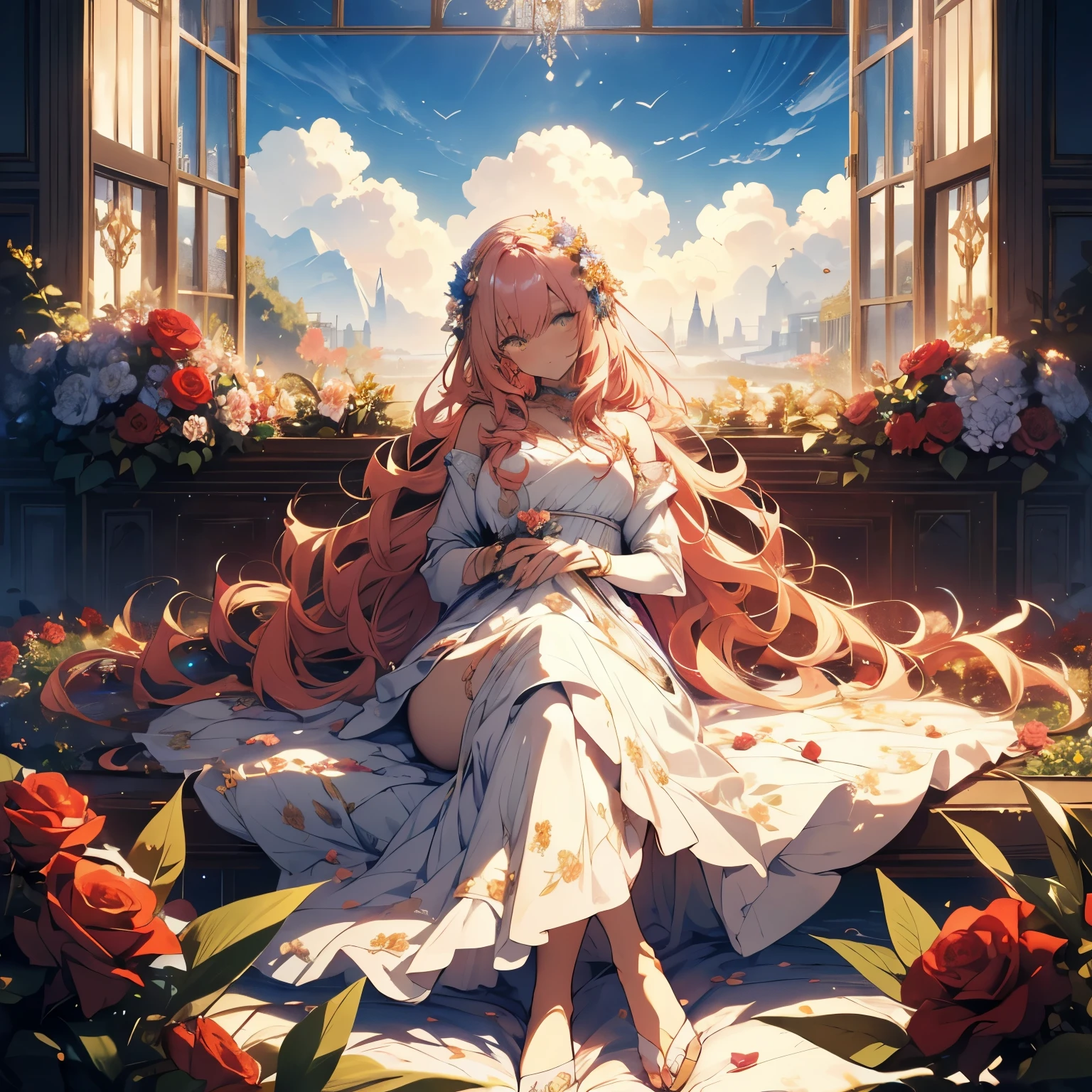 8k, (masterpiece, absurd quality, best quality, official art, beautiful and aesthetic:1.2), professional, vivid color, soft lighting, beautiful really long golden pink haired woman, curtain fringe, yellow eyes, lying on a flower bed, ((lying down)), looking at the sky, best quality, beautiful flowy opaque white dress, goddess, feminine pose, full background, ((silk)), (flowers, roses), indepth background, faroff view, gold, glow, iridescent dress, jewels, window, blue sky, cloud, castle, full body
