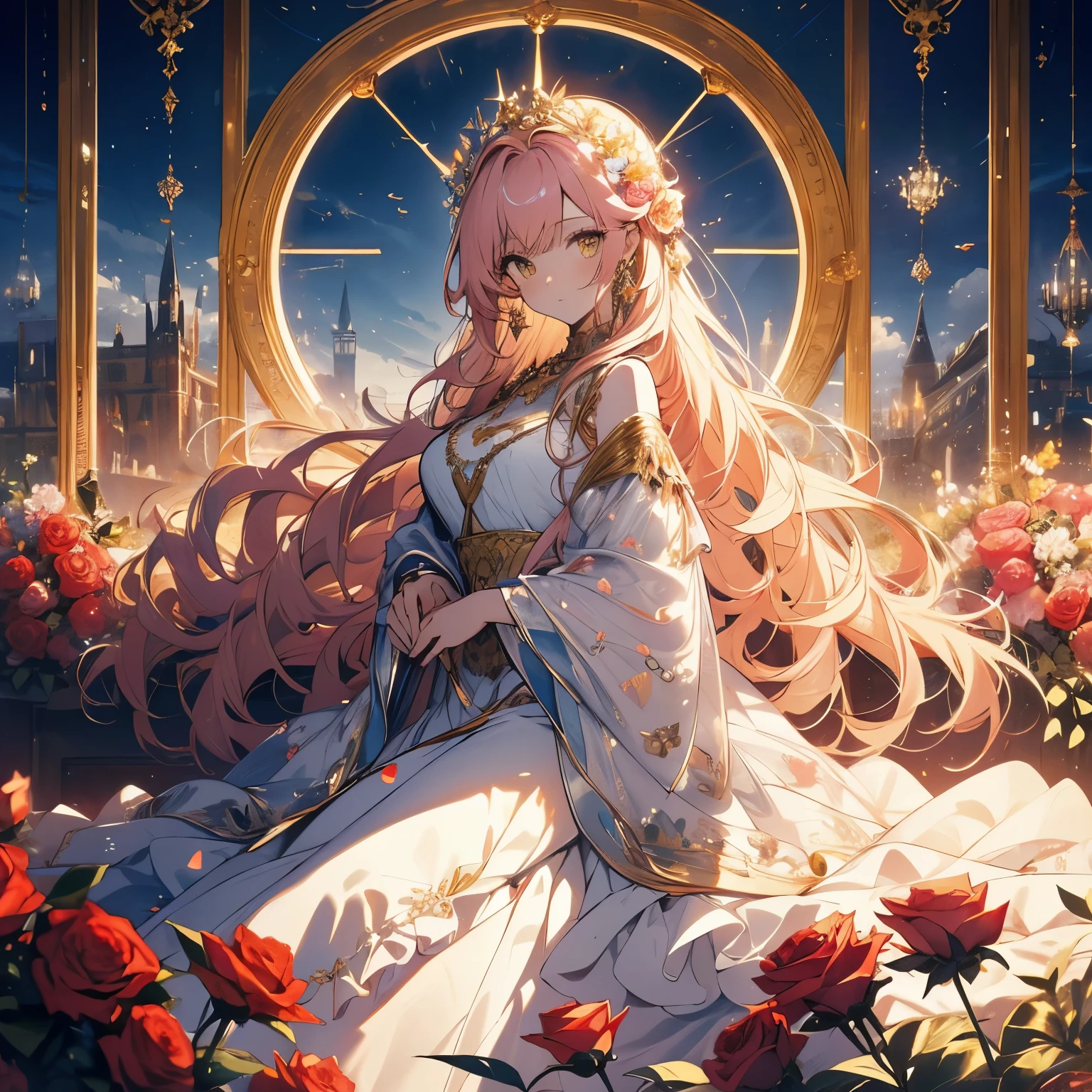 8k, (masterpiece, absurd quality, best quality, official art, beautiful and aesthetic:1.2), professional, vivid color, soft lighting, beautiful really long golden pink haired woman, curtain fringe, yellow eyes, lying on a flower bed, ((lying down)), looking at the sky, best quality, beautiful flowy opaque white dress, goddess, feminine pose, full background, ((silk)), (flowers, roses), indepth background, faroff view, gold, glow, iridescent dress, jewels, window, blue sky, cloud, castle, full body
