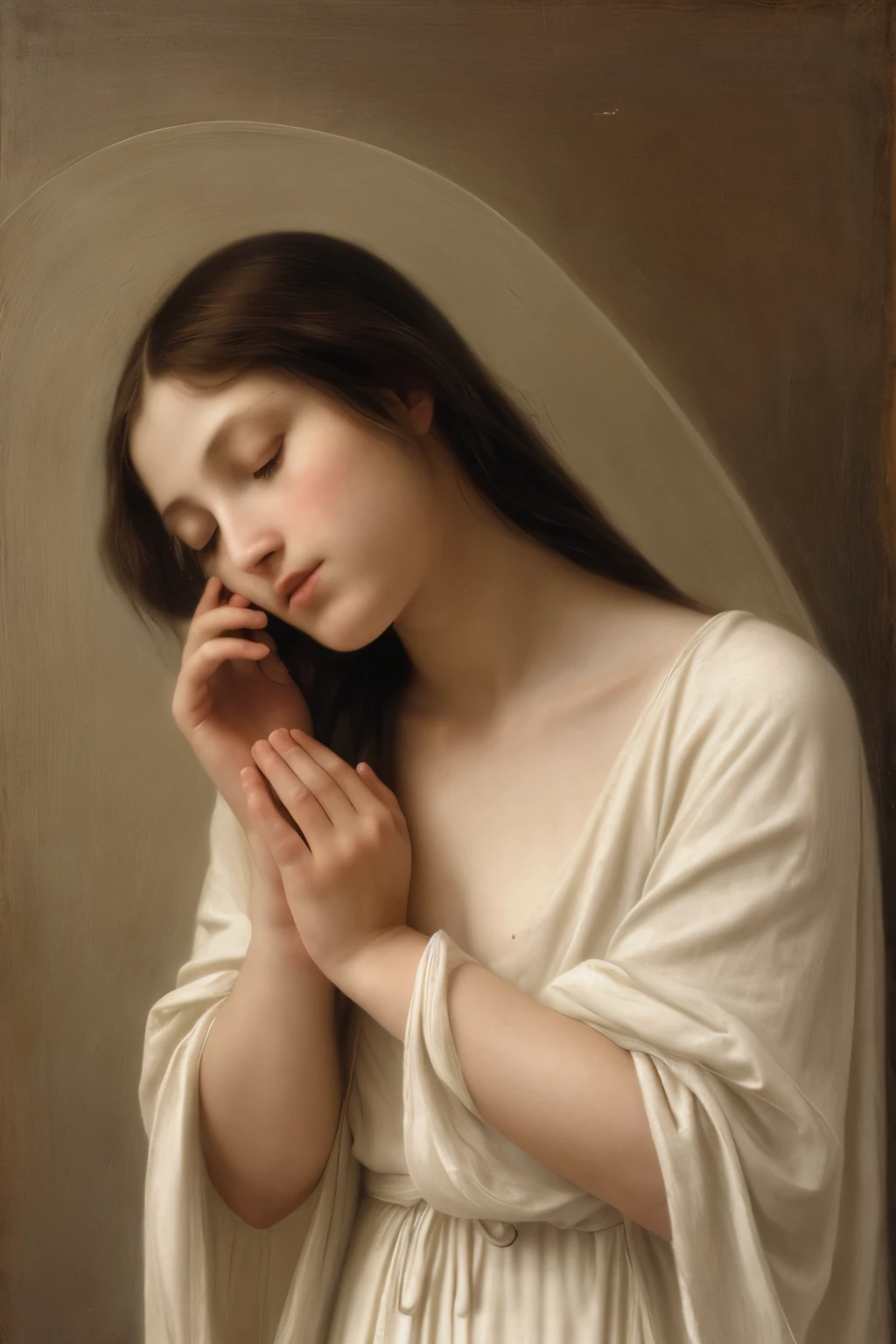 {{A contemplative depiction of {Jesus of Nazareth}}} with {head bowed in prayer, surrounded by soft light}. This is a {realistic}-inspired image that showcases {subtle gestures and quiet strength}. The environment/background should be {a simple wooden room} to create {a sense of humility}. The image should be in the style of a {photograph}, incorporating elements of {Andrea del Sarto's religious portraiture}. The {medium shot} shot, captured with a {50mm} lens, will provide {a natural perspective}. The lighting should be {soft and diffused}, emphasizing {gentle highlights and soft shadows}. The desired level of detail is {moderate} with a {medium} resolution, highlighting {naturalistic features and authentic emotion}. The goal is to create {a reflective} image that captivates viewers with its {quiet spirituality}.