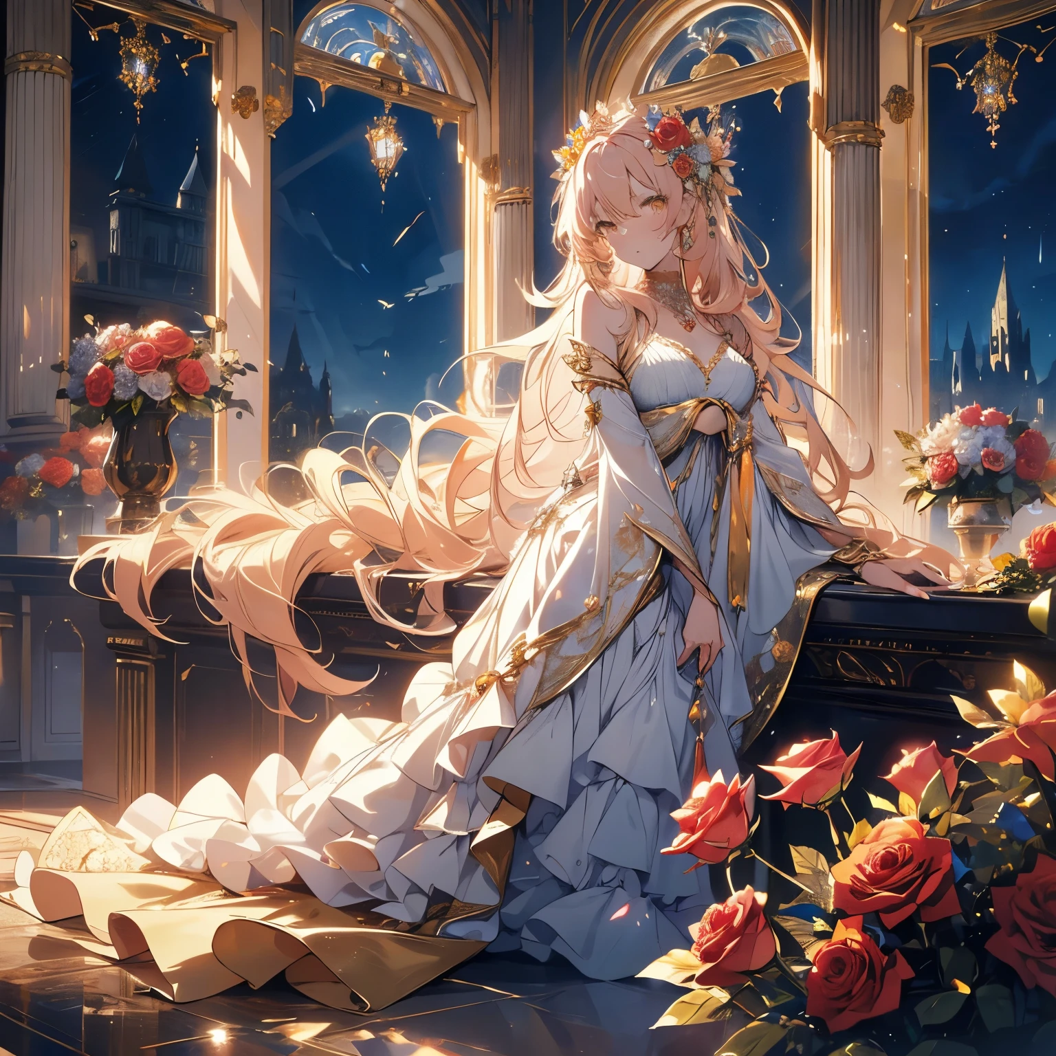 8k, (masterpiece, absurd quality, best quality, official art, beautiful and aesthetic:1.2), professional, vivid color, soft lighting, beautiful really long golden pink haired woman, curtain fringe, yellow eyes, lying on a flower bed, ((lying down)), looking at the sky, best quality, beautiful flowy opaque white dress, goddess, feminine pose, full background, ((silk)), (flowers, roses), indepth background, faroff view, gold, glow, iridescent dress, jewels, window, blue sky, cloud, castle, full body