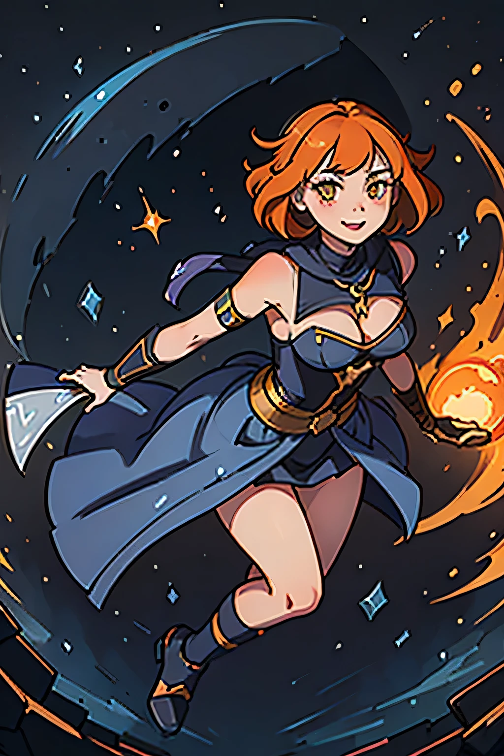(((masterpiece))), (((best quality))), illustration, single character, game character, rpg character, female character, female dark acolyte. tall girl. skinny girl. indigo blue dress with golden details and lines, open dress. exposed legs. leather bracers. huge open cleavage, big gem necklace. tiny breasts. wide hips. up turned hips. hips exposed. wavy short hair. orange short hair, slightly pointy ears, yellow eyes, sexy face expression. big open smile. playing lute. black cloak. orange hair. agile posing. dark energy spell. cosmic background, flat color background, anime character, 8k, awesome quality
