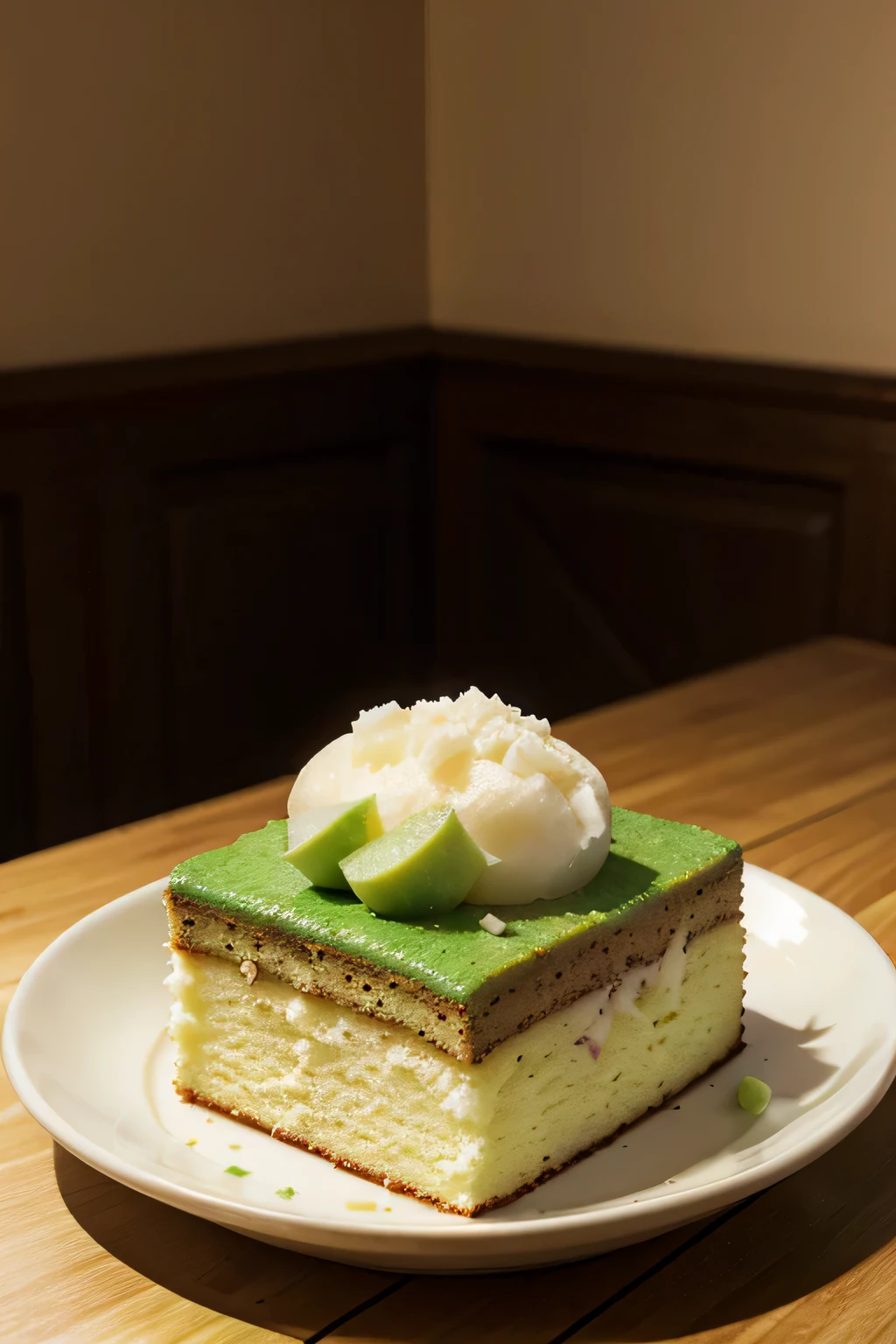For a realistic style image of a dish with some food in it, mochi cake, wasabi filling