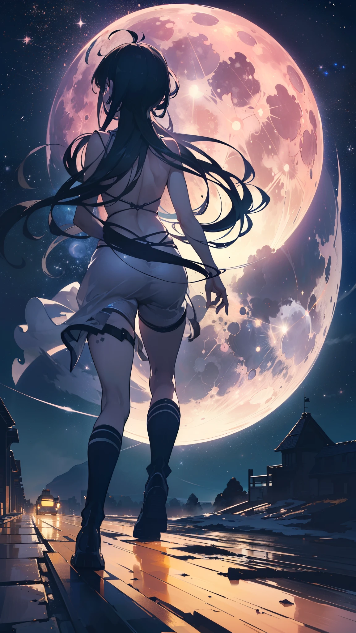 ((32k)), ((best quality)), ((ultra high res)), ((HDR)), ((UHD)), ((extremely detailed CG)), ((unity 32k wallpaper)), ((best quality starry sky)), ((best quality full moon)), (((best quality back))), ((best quality town)), ((((silhouette)))), (((silhouette human))), (((running))), 