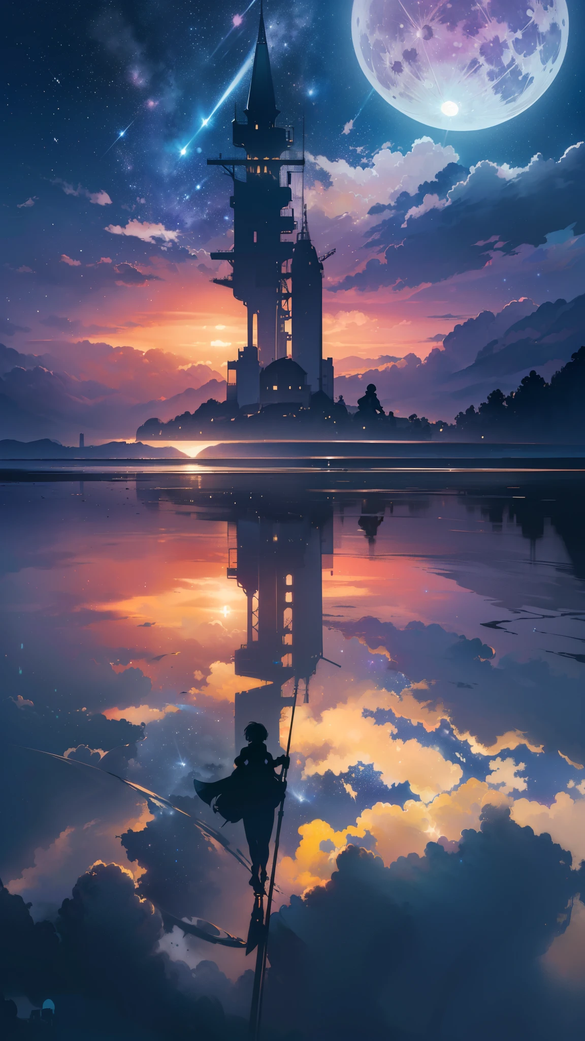 ((32k)), ((best quality)), ((ultra high res)), ((HDR)), ((UHD)), ((extremely detailed CG)), ((unity 32k wallpaper)), ((best quality starry sky)), ((best quality full moon)), (((best quality back))), ((best quality town)), ((((silhouette)))), (((silhouette human))), (((running))), 