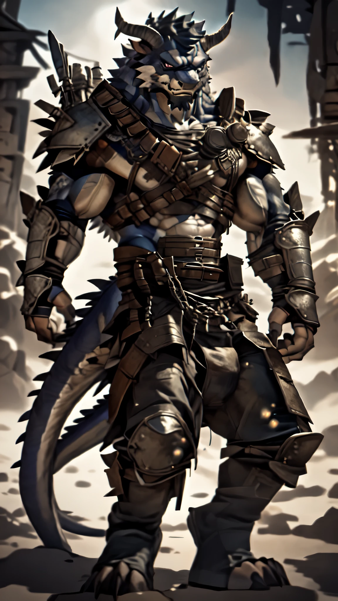 a ferocious male lizardfolk, anthro Glavenus, athletic, mercenary, pants, solo, scaly detailed body, full body, scars on body, cream and gray color body, yellow eyes, giant tail, comicbook style, best quality, 4k, ultra-detailed, by laobai, by taran fiddler, by honovy