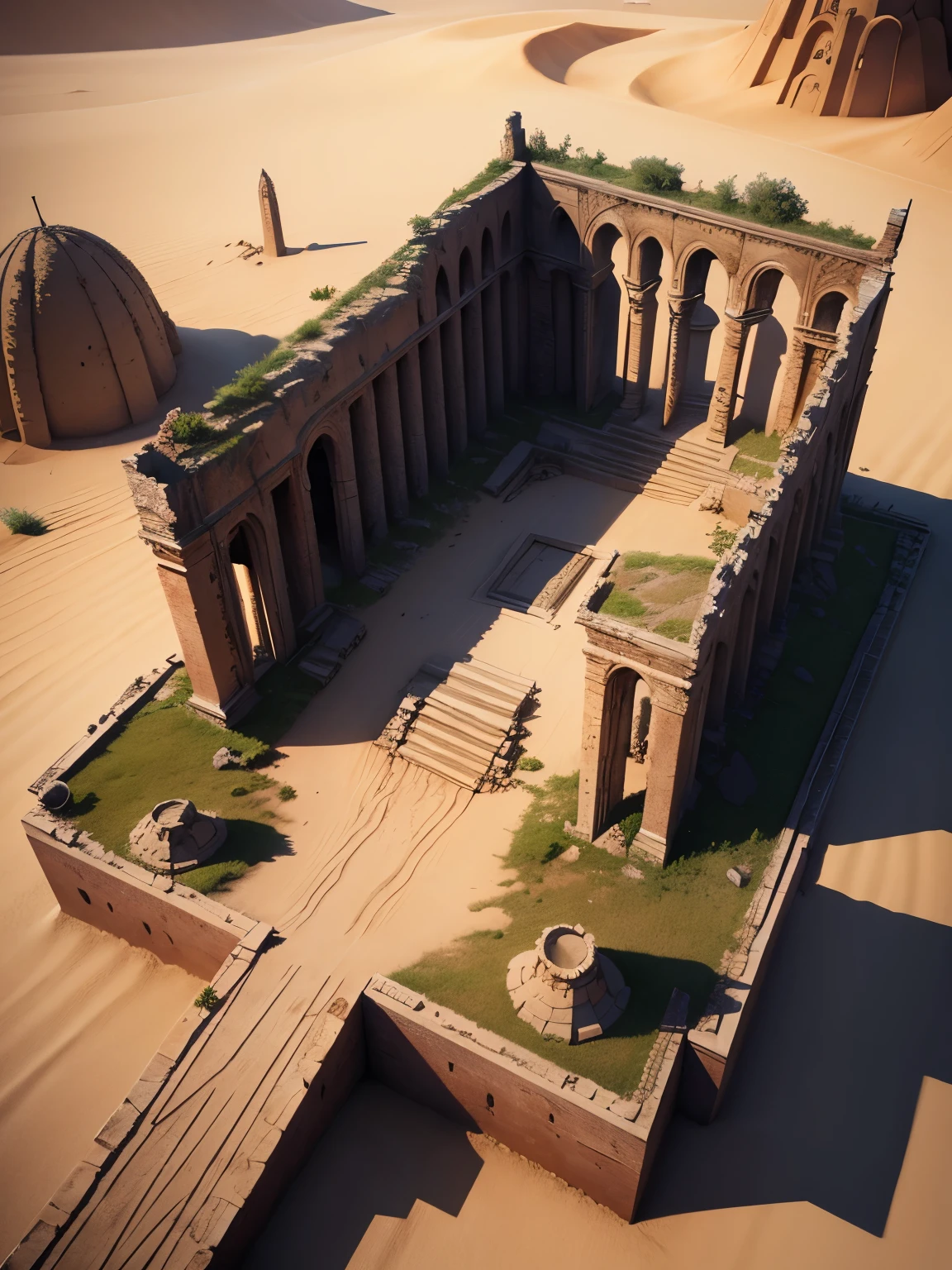 ruins barried in sand, damaged ruins, ultra detailed, high quality, 8k resolution, zoom out, angle from above