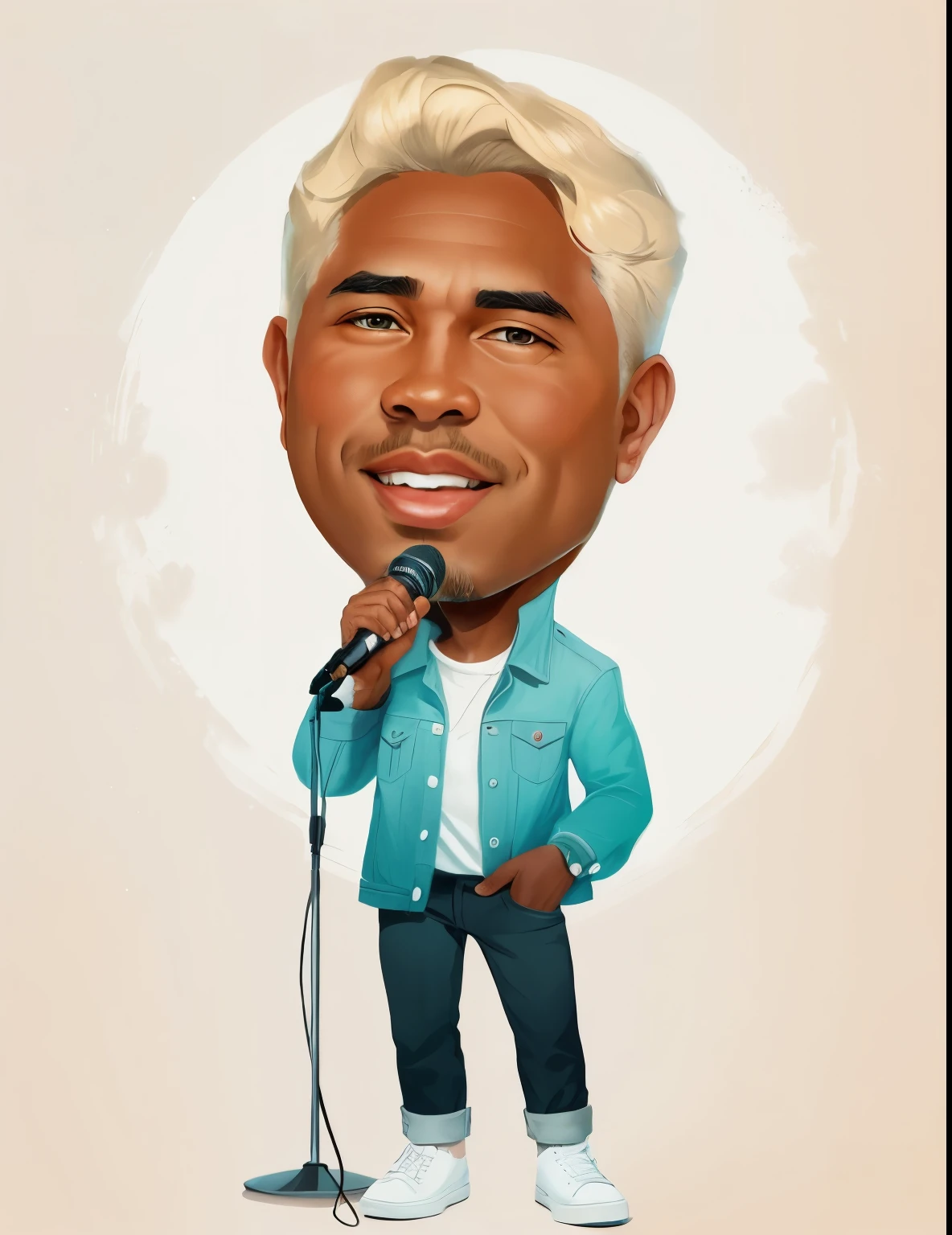 un gros plan d&#39;un homme métisse africain de dessin animé avec un microphone à la main, Caricature illustration, en style dessin animé, Caricature style, Portrait, Realistic cartoon, ART DE BANDE DESSINÉE, Caricature, cartoon&#39;Digital art, Portrait, ART DE BANDE DESSINÉE style 