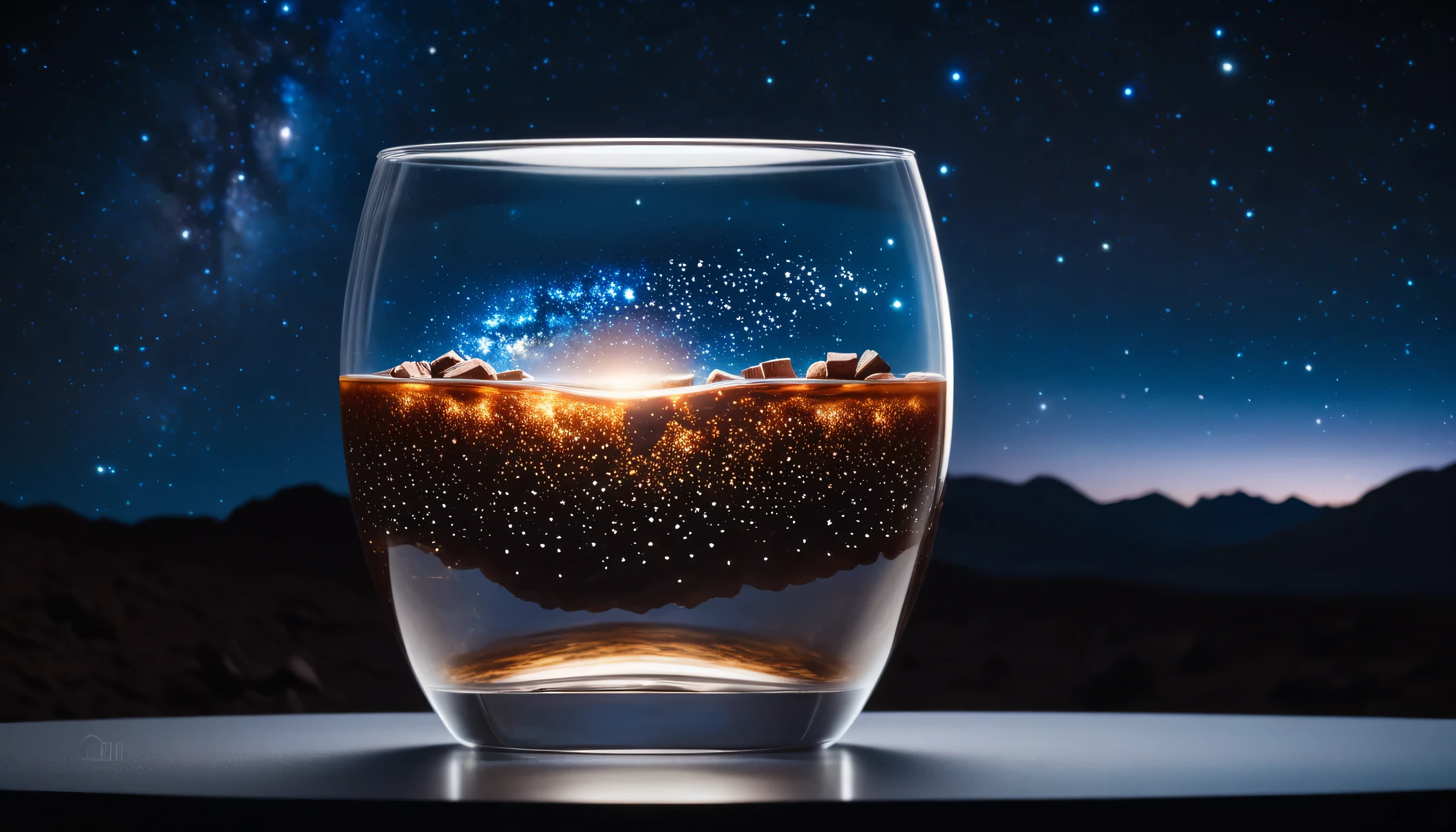 Photo of (the milkyway galaxy:0.5) in (a glass:0.5), cinematic, movie still, dramatic lighting, keylighting