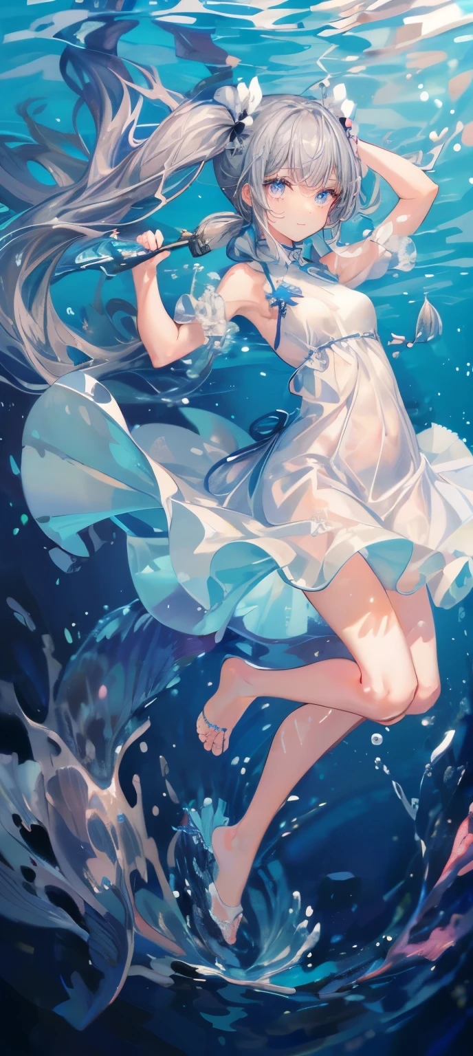 (muste piece), (best quality), very detailed, 1 girl, perfect face, (solo full body shot:1.3), very detailed顔,(Gray-haired ultra-long hair,twin tails:1.5),(blue eyes:1.4),(in water,swim:1.4),(white dress:1.5),School of small fish,Light,bubble,jellyfish,seaweed,deep sea,fantasy,seabed,(Floating hair:1.4),splash,(surrounded by many small fish:1.4),(smile:1.3)
