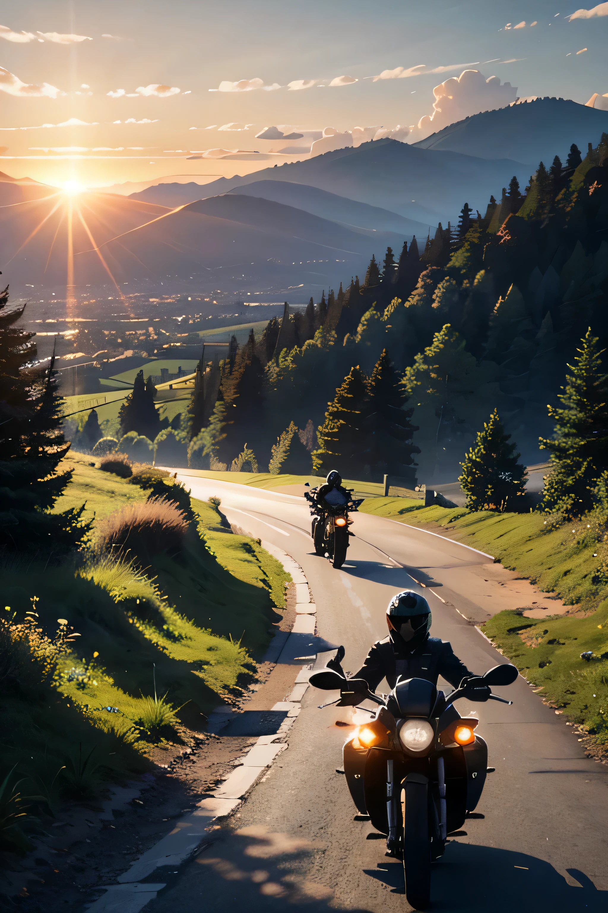 Eine Gruppe von Motorradfahrer unterwegs in den Bergen, beautiful landscape, Sonnenuntergang, motorcycles