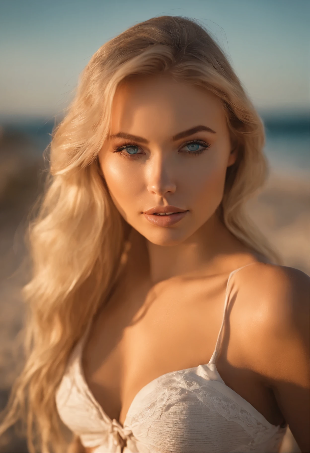 A poised and alluring woman with captivating blue eyes, resembling the ultra-realistic Sophie Mudd. Blonde girl, She wears natural makeup, exudes a sexy charm bikini outfit, blonde hair color and poses in beach setting with a prominent bust.