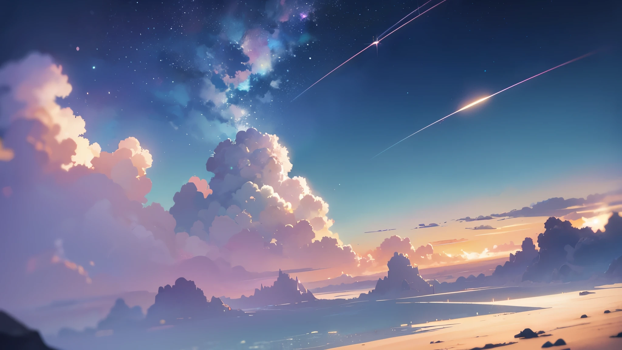 1 chica, ojo, de cerca, hermoso cielo nocturno, lluvia de meteoros, mas alla de las nubes, agua rodeada, reflexiones, wide angels, nubes impresionantes, gran angular, por Makoto Shinkai, thomas kinkade, James Gillard, por holosomnialandscape, HDR, volumetric lighting, trazado de rayos, Un intrincado, detalles altos, Muy detallado, deviantart, Fondo de pantalla vertical 4k,, vistoso, aireado, animated illustration, anime naturaleza fondos de pantalla