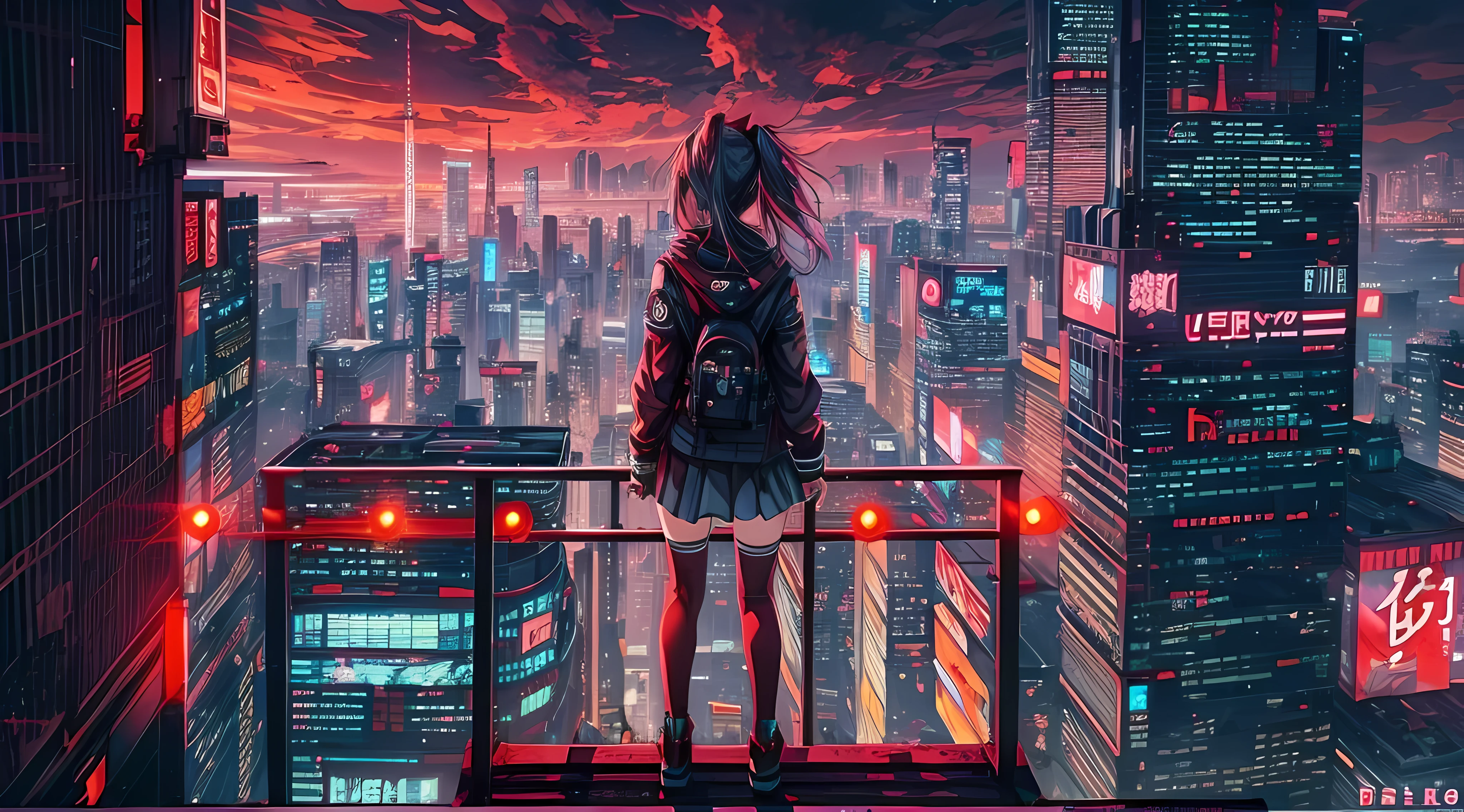 anime girl with red eyes standing on a ledge overlooking a city, cyberpunk art by Shitao, pixiv, auto-destructive art, best anime 4k konachan wallpaper, badass anime 8 k, oppai cyberpunk, with red glowing eyes, seductive anime girl, with glowing red eyes, anime style 4 k, cyberpunk anime girl, 4k anime wallpaper