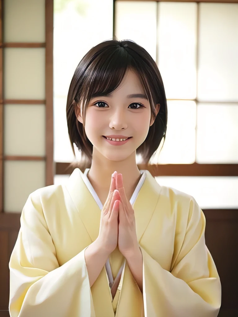 Japanese、girl、Fair skin、very slender、high resolution、（（Kimono appearance））、indoor、join hands in prayer、straighten the fingers of the hand,、smiling