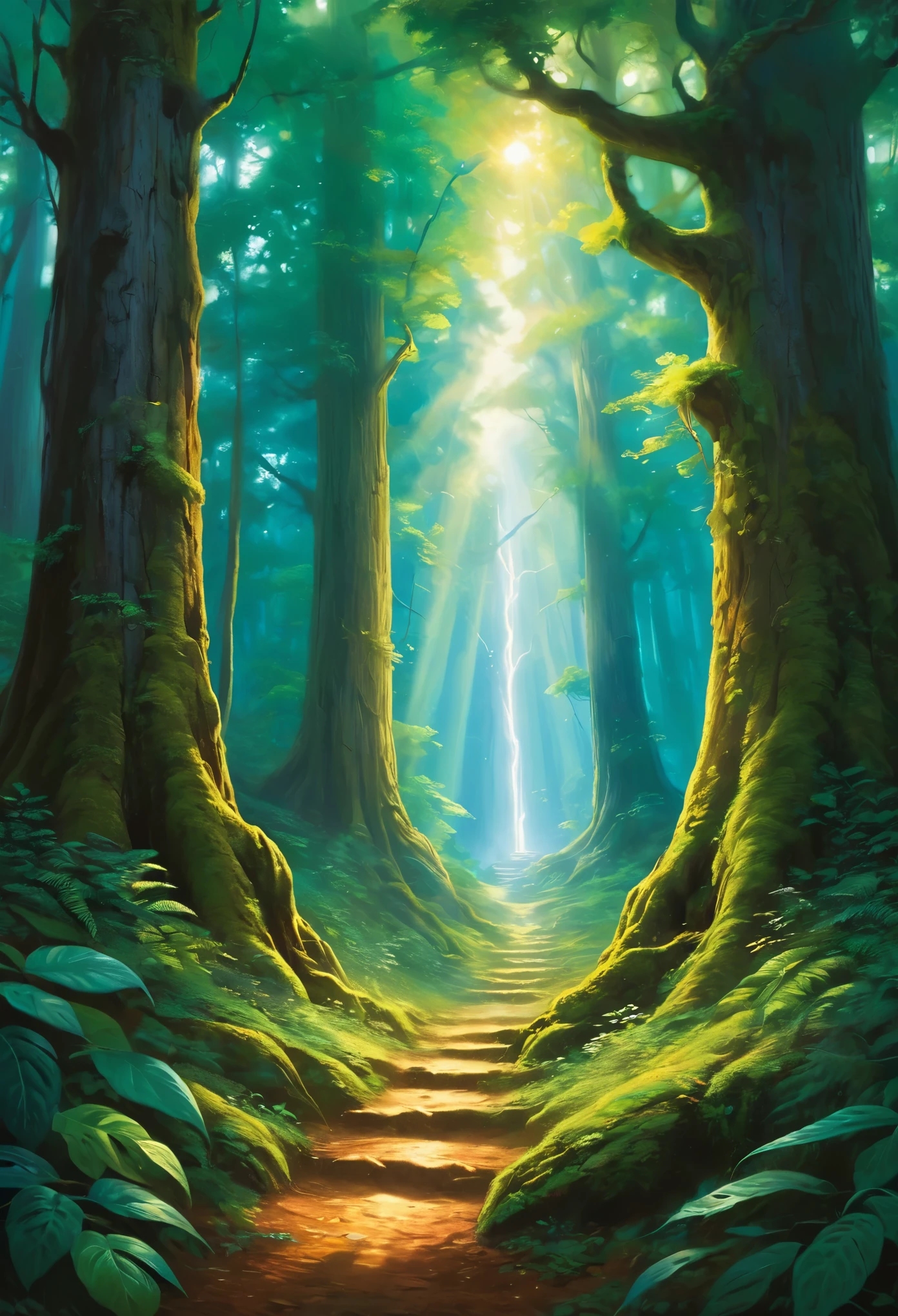On a path through a sacred forest, every step we take reverberates with the echoes of ancient stories. The ground itself, imbued with mysticism, glows faintly under the canopy of towering, age-old trees. With each heartbeat, a deep, tangible connection to our ancestors is felt, as if their spirits walk beside us, guiding and whispering secrets of old. This ancient force, a vibrant energy, seems to surge within us, symbolized by a gentle, ethereal flame that lights our way. This flame represents the eternal guardian of our journey, a beacon of wisdom and protection. The scene is a harmonious blend of the spiritual and the physical, capturing the profound bond between us and the ancestral force that nurtures and guides our souls.