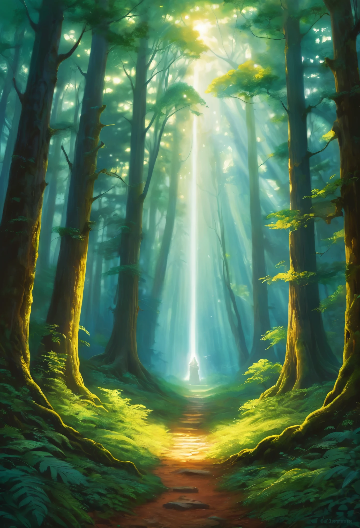On a path through a sacred forest, every step we take reverberates with the echoes of ancient stories. The ground itself, imbued with mysticism, glows faintly under the canopy of towering, age-old trees. With each heartbeat, a deep, tangible connection to our ancestors is felt, as if their spirits walk beside us, guiding and whispering secrets of old. This ancient force, a vibrant energy, seems to surge within us, symbolized by a gentle, ethereal flame that lights our way. This flame represents the eternal guardian of our journey, a beacon of wisdom and protection. The scene is a harmonious blend of the spiritual and the physical, capturing the profound bond between us and the ancestral force that nurtures and guides our souls.