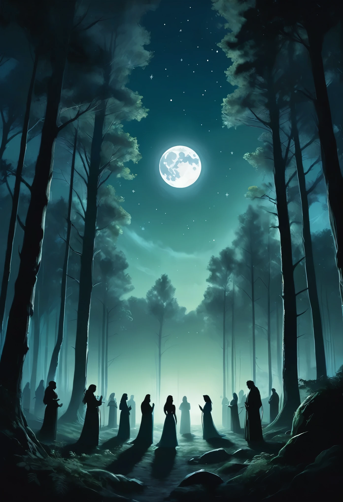 In a mystical forest at night, under the bright light of a full moon, ethereal figures gather in a clearing, surrounded by ancient, towering trees. Their silhouettes barely visible in the moonlight, they stand in a circle, their hands joined, as their hearts beat in unison with the rhythmic, deep sounds of earth's drums. The air around them vibrates with energy, and the scene is peaceful yet full of an ancient power. The moon casts a soft, illuminating glow over the figures, highlighting the connection between the natural world and the spiritual. Leaves gently rustle in the wind, adding a soft whisper to the symphony of sounds.