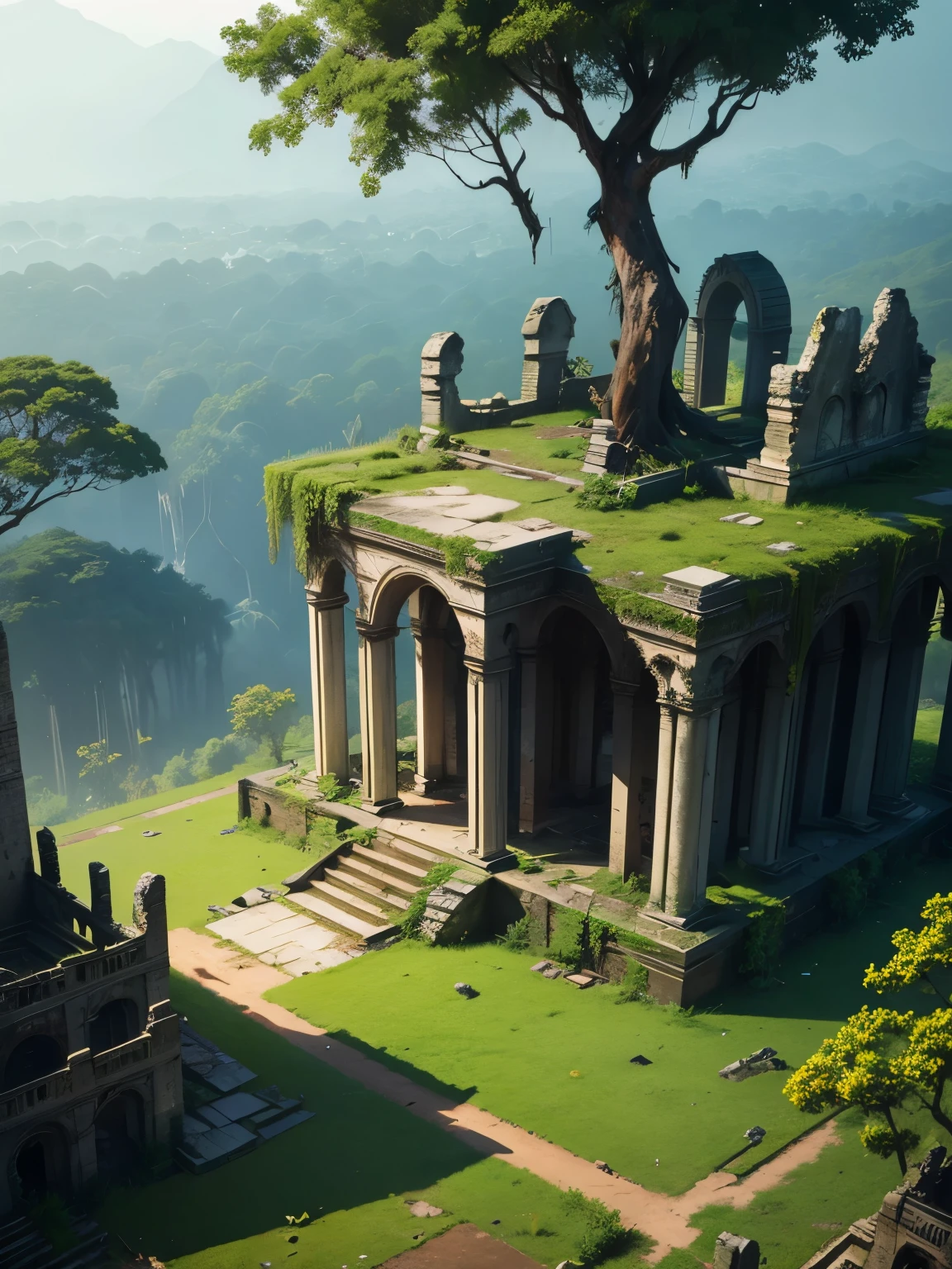 ruins in jungle, damaged ruins, ultra detailed, high quality, 8k resolution, zoom out, angle from above
