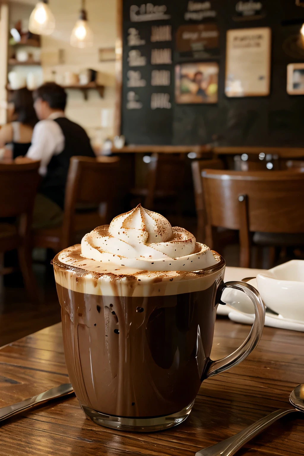 For a realistic style image of a mocha latte, a spoon, blurry cafe house background
