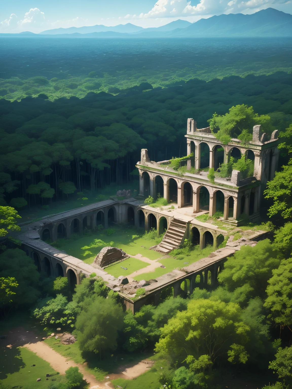 ruins in jungle forest, damaged ruins, ultra detailed, high quality, 8k resolution, zoom out, angle from above