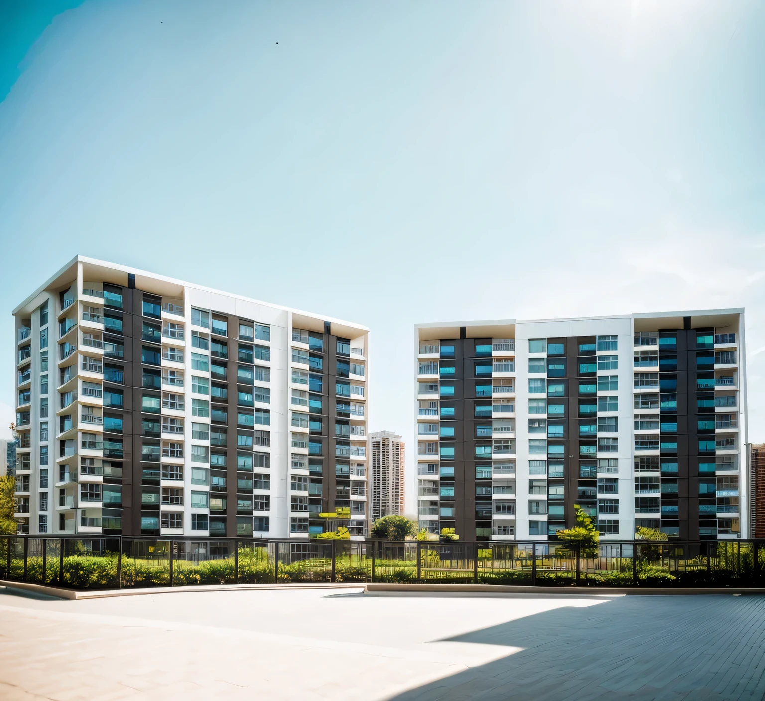 exterior of highrise apartment building, contemporary style, balconies, plants and flowers on balconies, vivid colour, beautiful landscape, stone pavement,cars, realistic, RAW photo, 8k uhd, dslr, soft lighting, high quality, film grain, Fujifilm XT3,masterpiece,