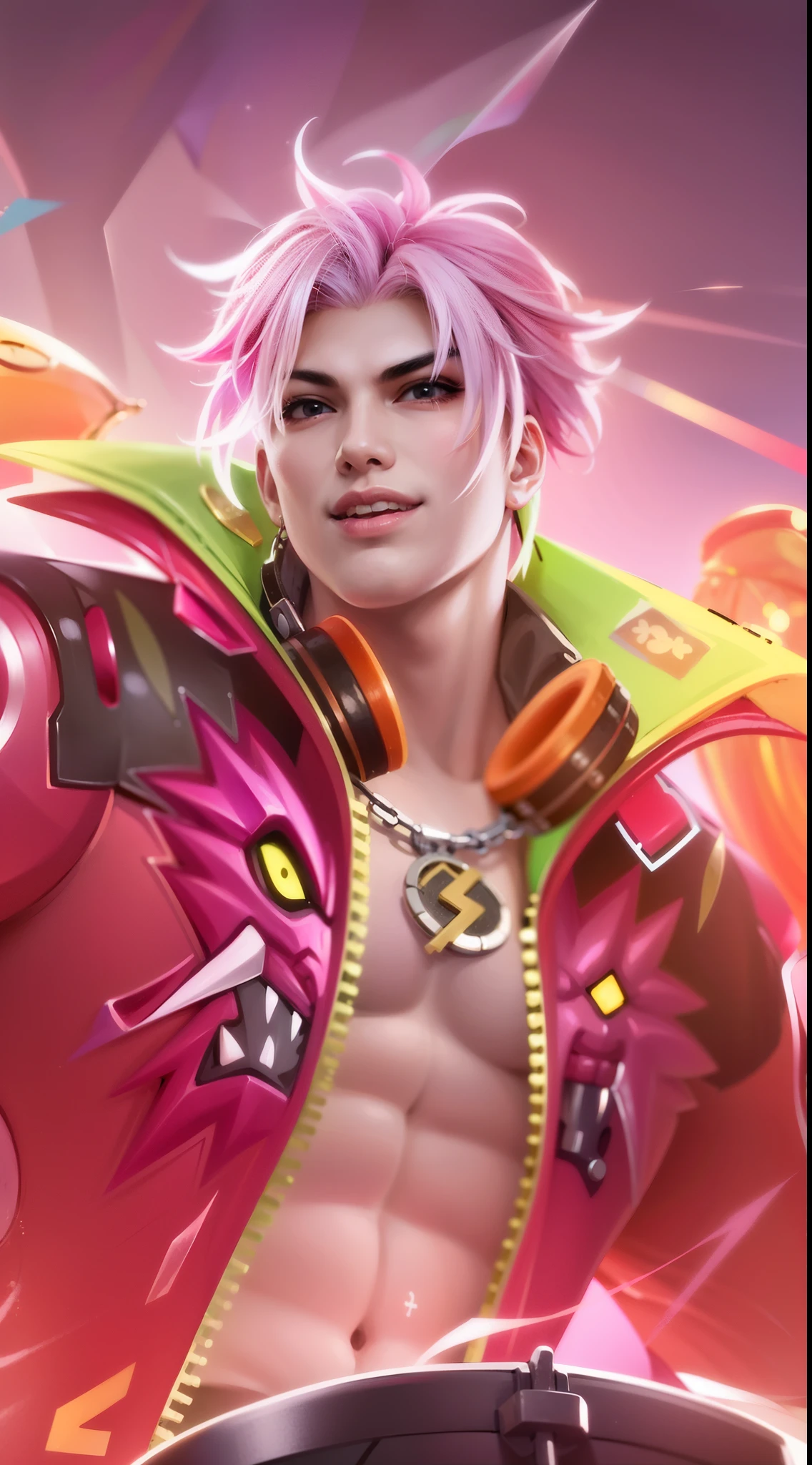 a close up of a man with a pink hair and a red jacket, rossdraws cartoon vibrant, rossdraws 2. 0, rossdraws 1. 0, g liulian art style, dio brando, rossdraws and jazza, trigger anime artstyle, :: rossdraws, sakimichan frank franzzeta, inspired by Huang Shen, rossdraws digital painting, masculine stomach.