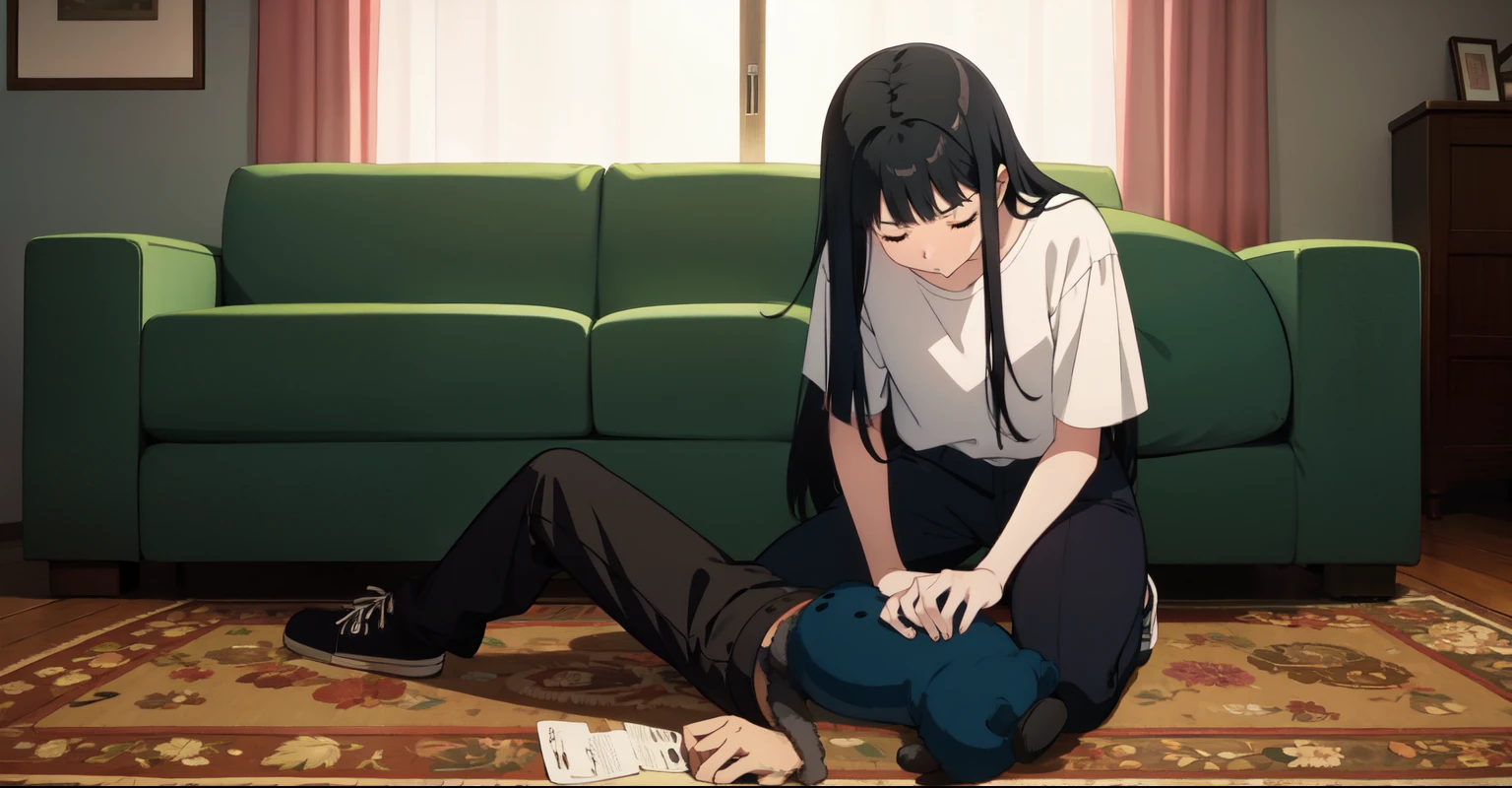 Girl with black and long hair in a white shirt, There&#39;s a guy underneath the girl, girl massages guy&#39;s abs, BREAK
check_9, check_8_up, check_7_up, check_6_up, anime, The guy is lying, short black hair, Blue eyes, смотрит up, (guy lying on the ground) 