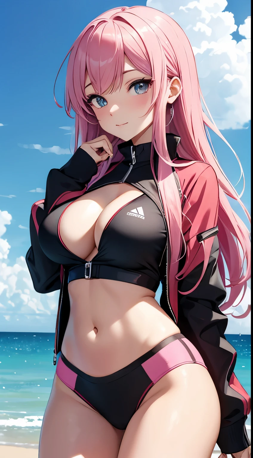 Anime hot girl, sexy uniforms, tight 
Pink hair
With a swimsuit in the beach
Boob