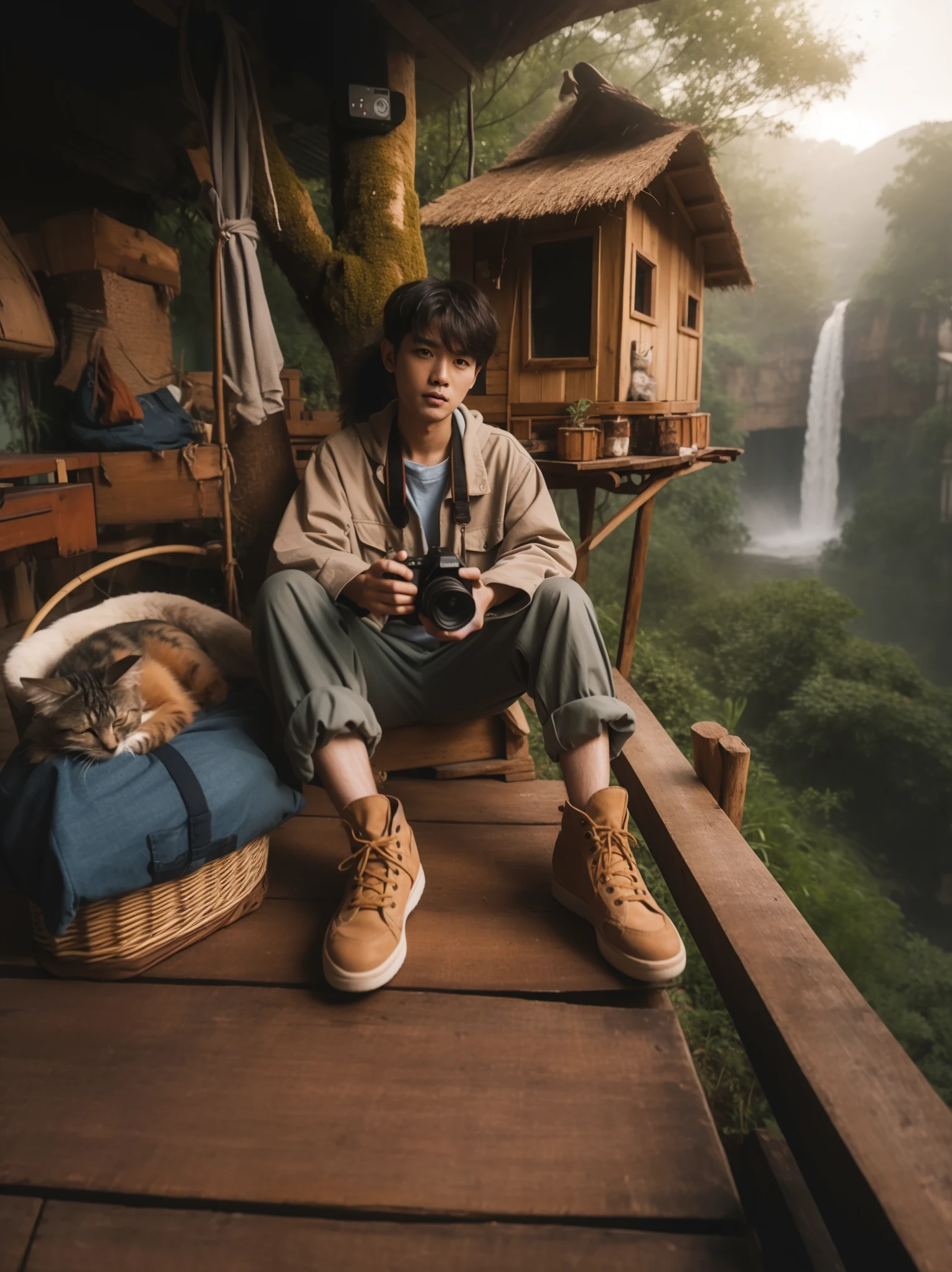 araffe sitting on a wooden platform with a cat in a basket, national geographic photoshoot, cinematic. by leng jun, atey ghailan and steve mccurry, mid shot portrait, photo portrait, 8k artistic portrait photography, portrait shot, best photography of 2 0 2 1, medium shot portrait, photo style of shawn paul tan, national geographic photo shoot