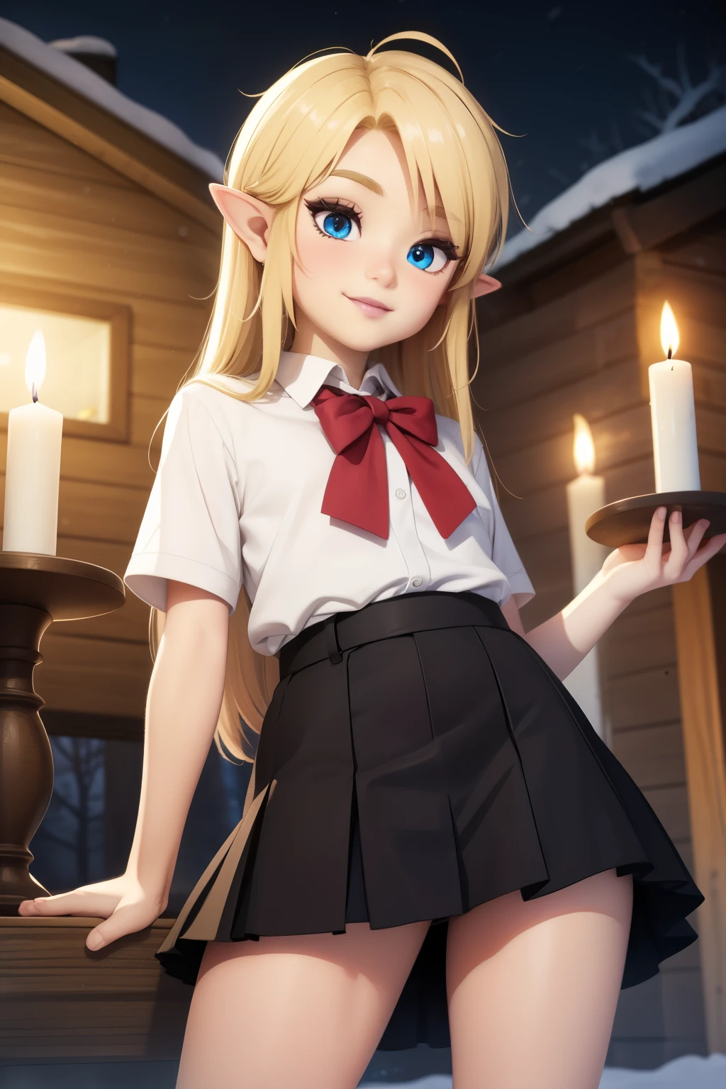 shota,linkxl,blonde hair,pointy ears,blue eyes,black lips,long hair,eye shadow,seductive smile,school outfit, standing, hips, night, camp, candle, solo, outdoors, winter,